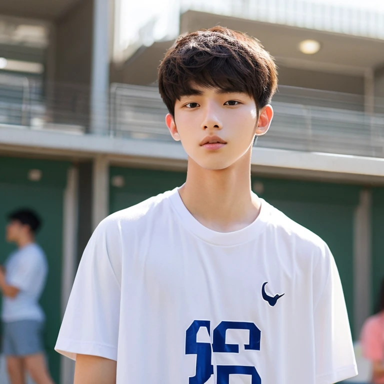 A 20-year-old male college student with short hair、Simple、tall、Slender、Oversized T-shirt、Sportsman、kind、refreshing