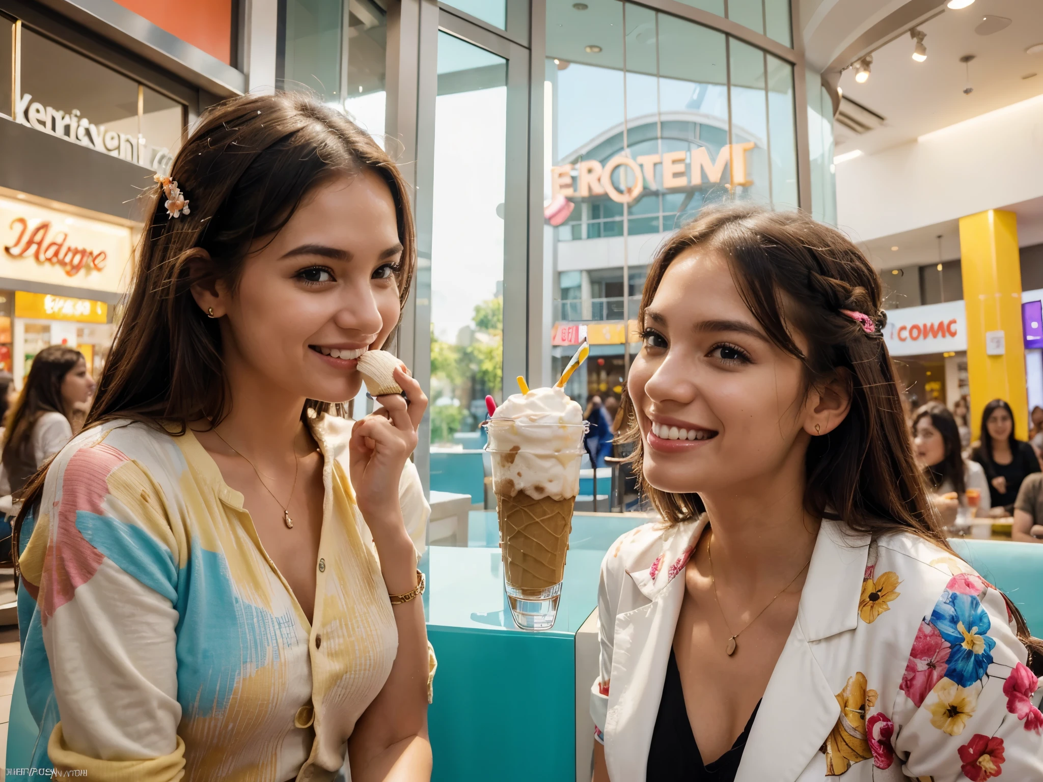 2 girls, eating ice cream, happy, cheerful smiling faces, posing in a shopping mall, excited, meeting after a long time, indoor shopping mall, modern, bright and colorful atmosphere, impressive architectural design, large glass windows, people shopping in the background , beautiful decorations, happy atmosphere, fun mood, vibrant colors, eye-catching outfits, stylish clothes, cool hairstyles, youthful, energetic, lively, full of life, enjoying the moment, expressive eyes, detailed facial features, elaborate hairstyles, expressing your happiness, ice. dripping cream, delicious flavors and toppings, tantalizing dessert, rich textures, creamy and smooth ice cream, crunchy cones, sweet and refreshing delight, high quality ingredients, indulgent experience, high resolution image, ultra detailed, photorealistic, vivid colors, professional lighting , artistic composition, perfectly captured moment, warm golden lighting, creating a cozy and welcoming atmosphere.