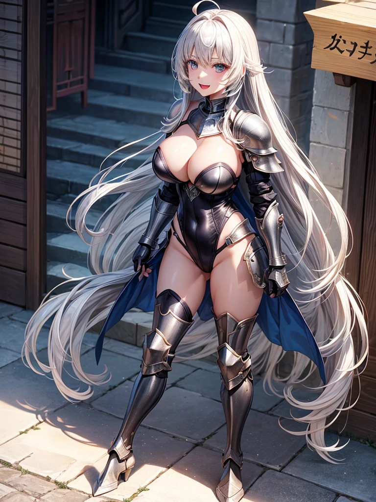 Woman knight、a beauty girl、huge tit、Excellent style、Nice Buddy、glamorous、leotard、s Armor、Shoulder rest armor、Bra chest armor、knee boots、gauntlets、hair adornments、silber hair、Longhaire、Ahoge、is standing、full body seen 、Medieval city、Walking、slightly open mouth、a smile、