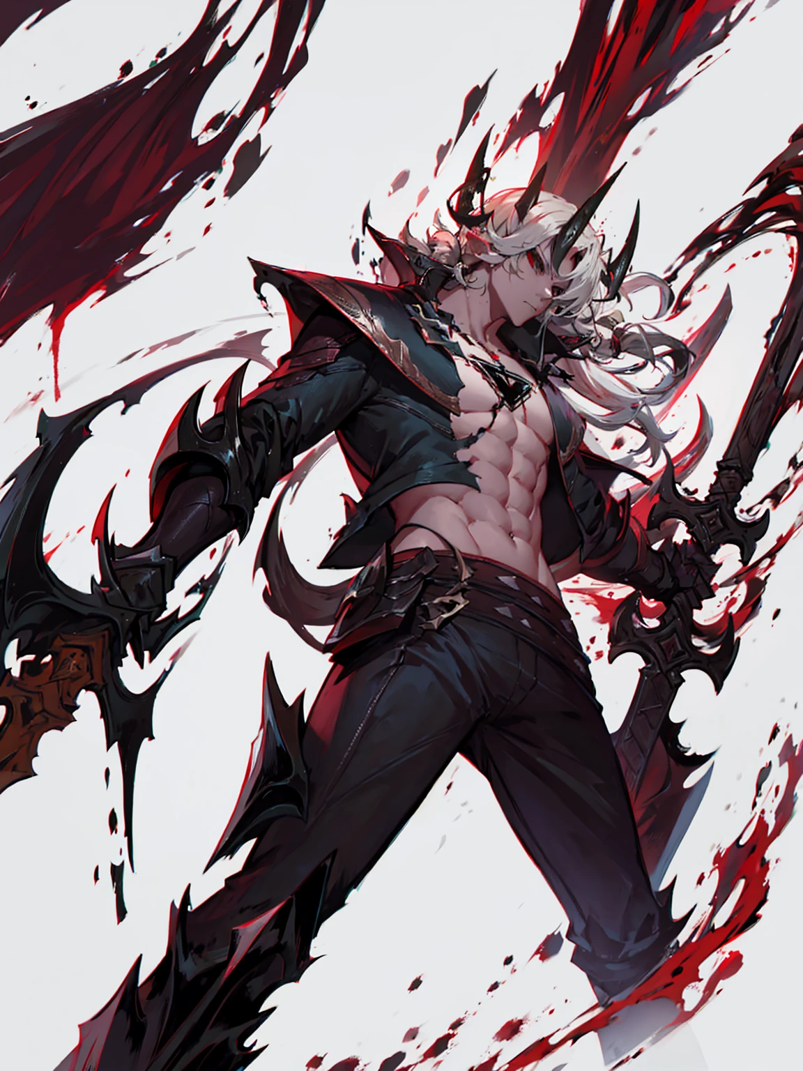 Tan, male, bloody, bloodied, devil horns, casual outfit, white long hair, black mist, armed, manly