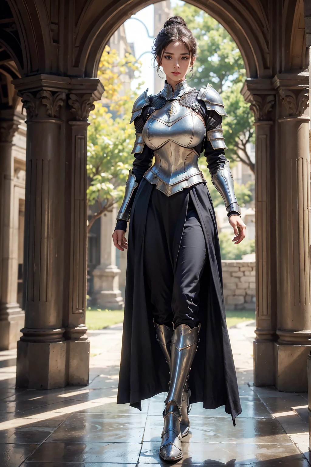 (((full image:1.5, show full body, standing:1.8, facing viewer, the front body facing directly to the front of camera, show body from head to toe))), huge breast:1.5, tall body, fit body, pale skin, beautiful woman, ((standing perfectly)), a woman wearing chest armor, wearing pants, show boots. short hair with updo. knight, medieval, warrior. High quality:1.3, realistic:1.2, 4k resolution, detailed skin, finely detail, detailed everything, masterpiece:1.1, ((best quality)), centered image, indoor.