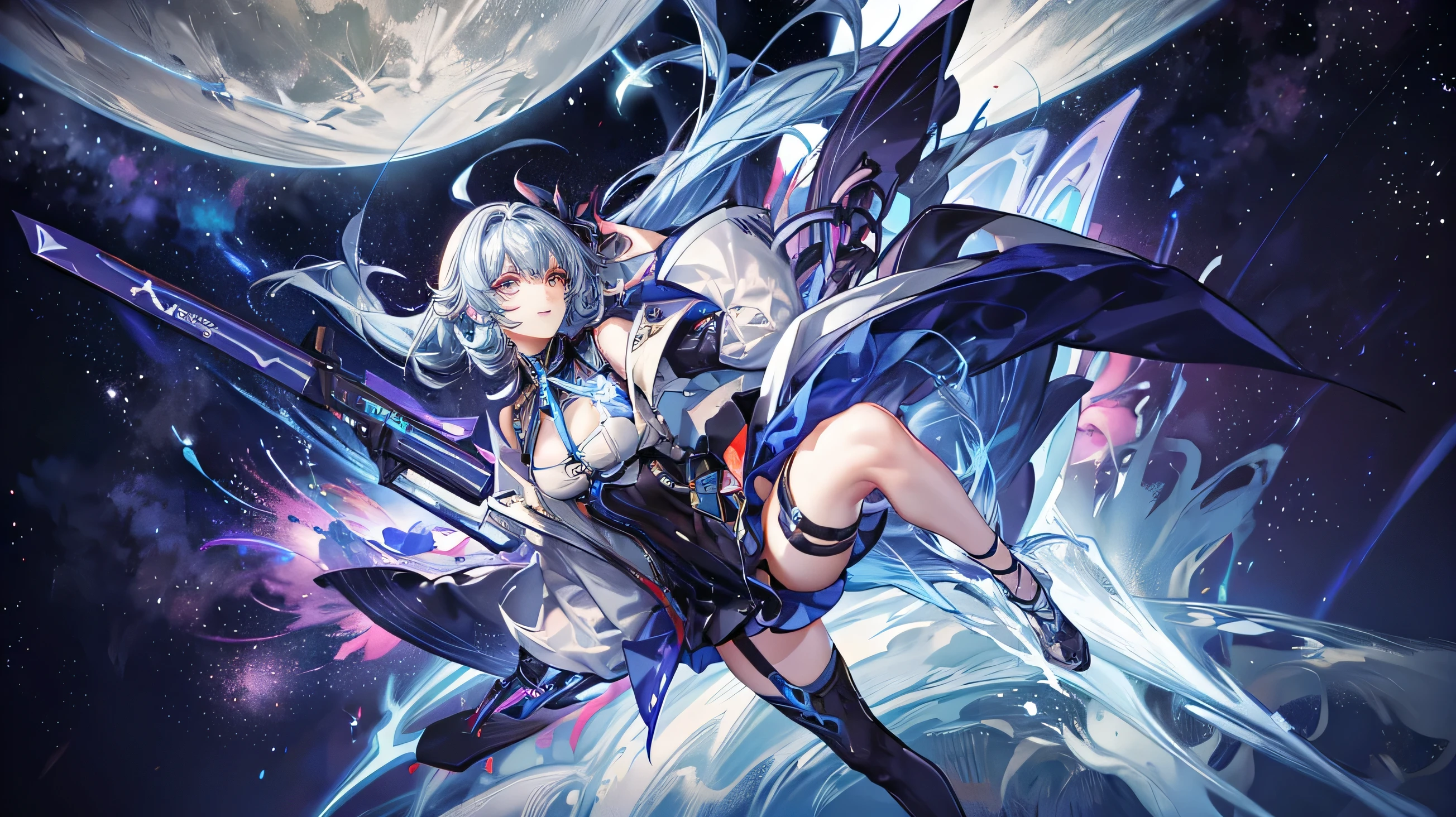 Female, a galaxy ranger, honkai character, blue hair, quantum power, fantasy, stunning galaxy