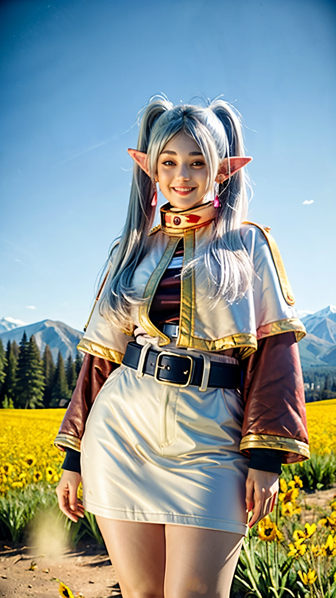 (realistic:1.3), finely detailed, quality, rembrandt lighting, (masterpiece:1.2), (photorealistic:1.2), (best quality), (detailed skin:1.3), (intricate details), dramatic, ray tracing, 1girl, 21 years old, detailed skin texture, (blush:0.5), (goosebumps:0.5), subsurface scattering, smiling, large breasts, thick thighs, curvy hips, frieren, long hair, pointy ears, (twintails:1.2), platinum hair, jewelry, elf, earrings, capelet, white capelet, long sleeves, parted bangs, dress, belt, flower, (bright sunny day, wide open field, sky, mountains in the distance),  