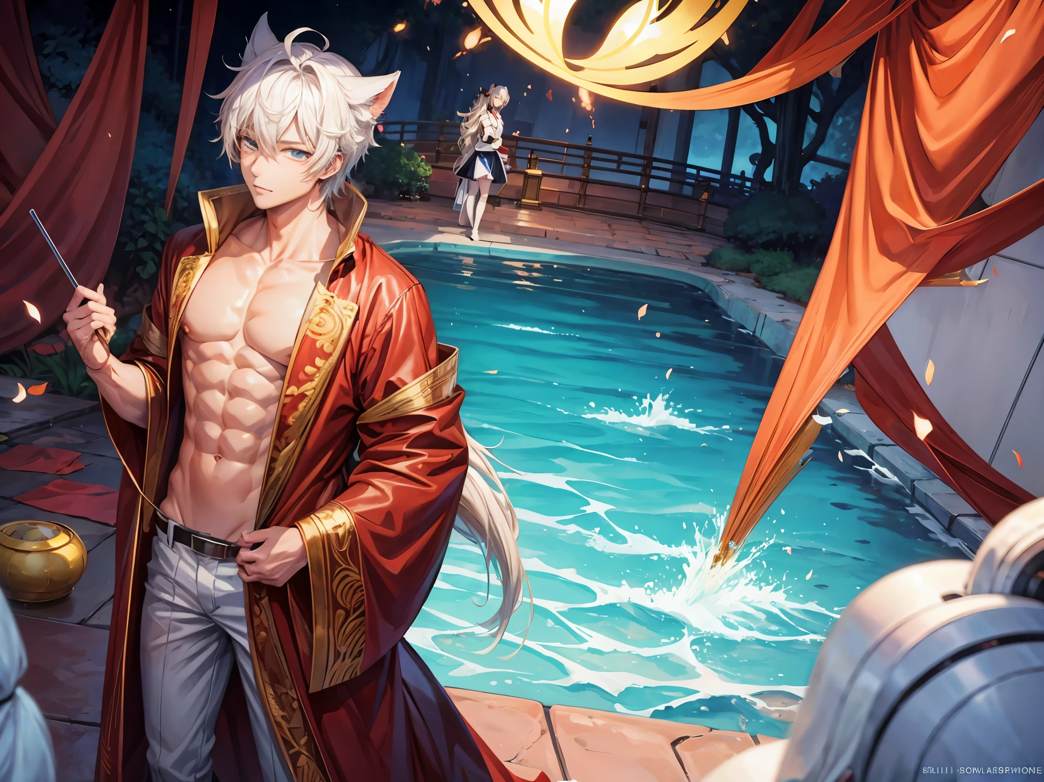 art style of mo dao zu shi hybrid character with wolf ears,masculine and dominant gender, short wolfcut white hair , purple raven iris eyes,pale skin,mature appearance and pale body, thin and delicate. Do it inside a public wooden hot tub with a smile, the naked body being covered by water 