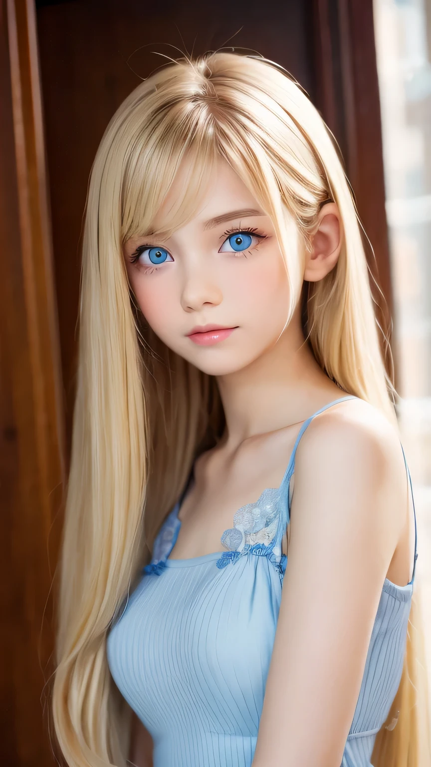 Very beautiful, bright, large light blue eyes、Very big eyes、Super long, super beautiful, bright blonde hair、Super long straight hair、Silky Hair、long bangs over the eyes、Very beautiful face, Young and shiny white skin、Sexy and very beautiful appearance、Beautiful and cute face、Very beautiful 14 year old, Stylish Nordic blonde beauty、A little larger chest, Full Body, Pubic hair, Very cute、hair over eyes、hair over one eye、hair between eyes、Round face