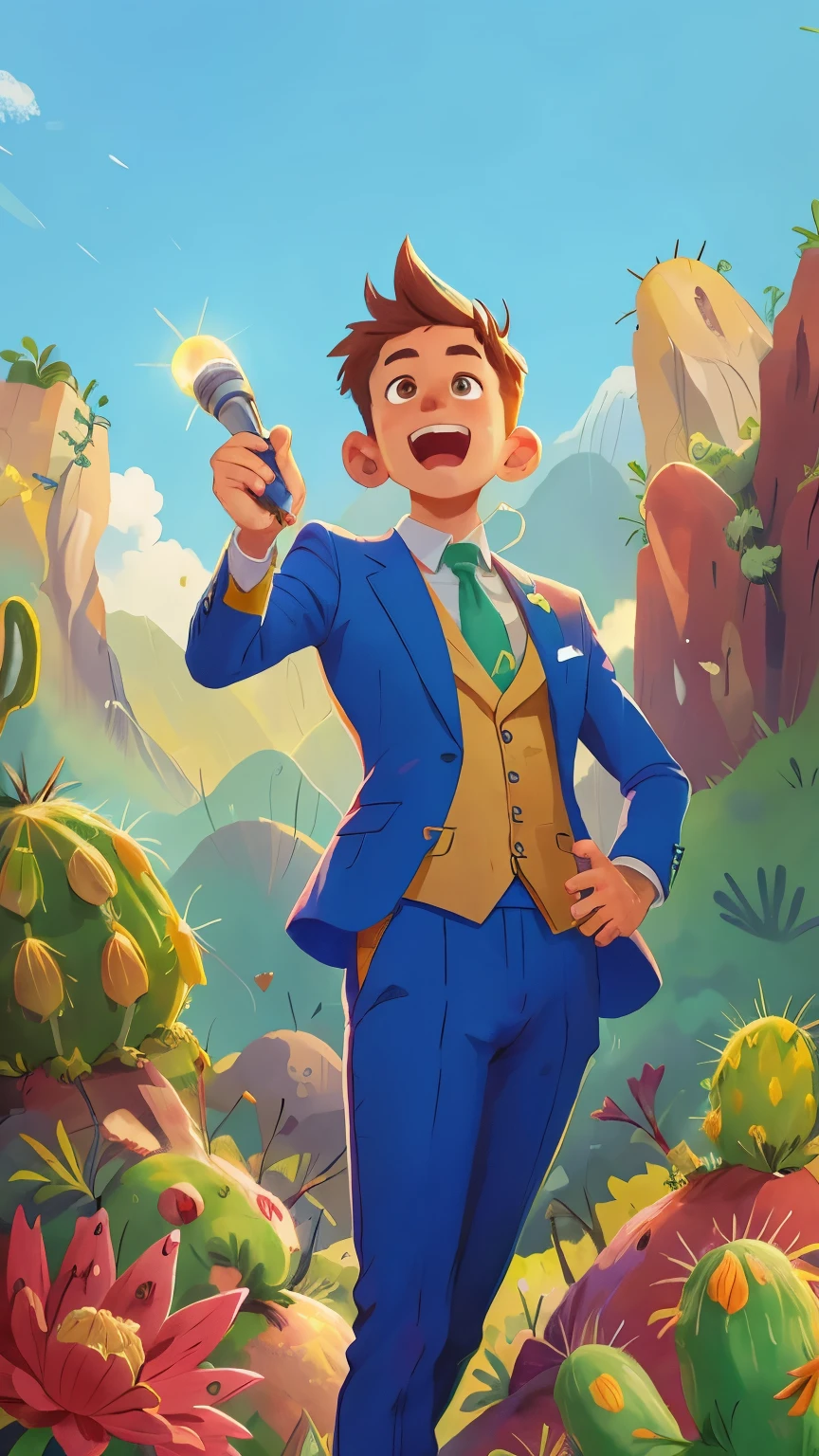 Man in suit holding a microphone speaking loudly and raising his right arm, al aire libre, cactus y cerros de fondo, feliz, calidad perfecta, enfoque claro (desorden - hogar: 0.8), (Obra maestra: 1.2) (realista: 1.2) (bokeh) (mejor calidad) (Piel detallada: 1.3) (detalles intrincados) (8k) (Detalle ojos) (sharp focus), (feliz)