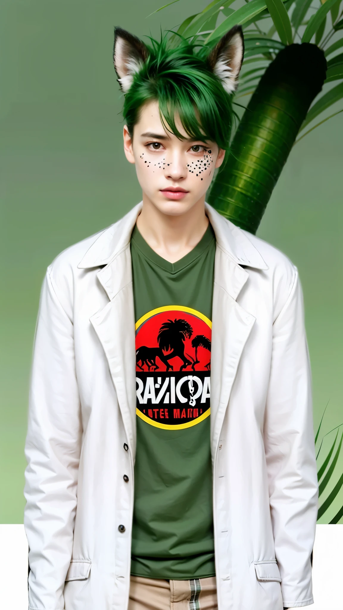  um homem adulto com  cabelo curto, um jaleco branco, ((Maximum quality、8k、parte do masseter:1.1))、cabelo verder, 1 homem、cabelo  espetado、jaguar ears, atalho、Olho grande、thicker lips、olhos dourados、Rosto seco、Um sorriso、green jaguar syrup、camisa Jurassic Park verde:1.1,Olho grande,rosto hiperdetalhado,  Rosto realista、jaguar spots on the face, rosto  sorridente、subir、legal face、organismo、Highly detailed lips、,Rosto de sopro、Abra um pouco a boca,olhos convidativos,pele brilhante, a noite、luz neon、paisagem floresta