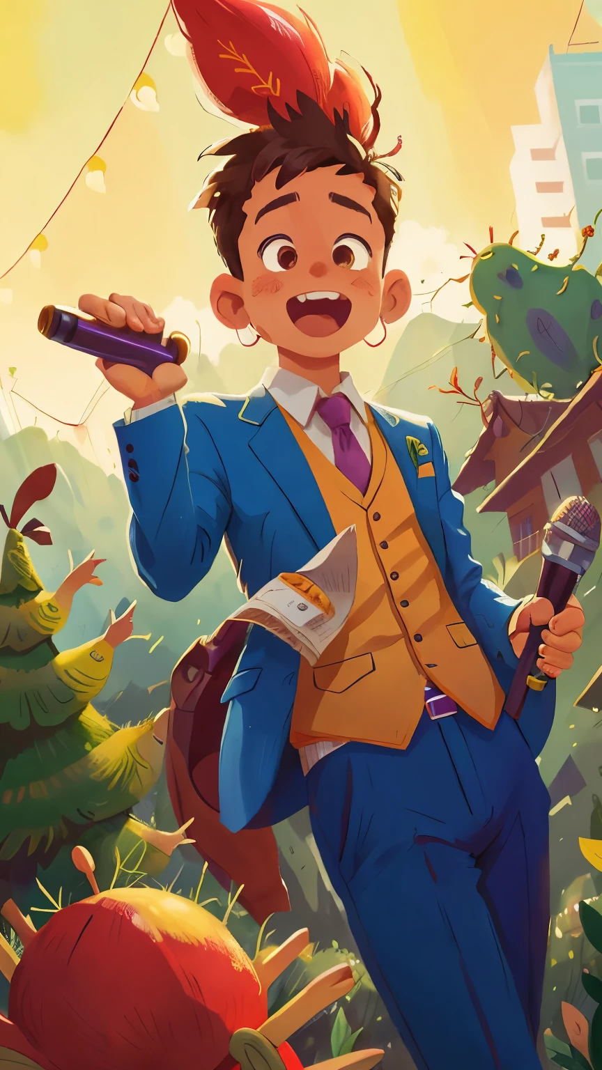 Man in suit holding a microphone speaking loudly and raising his right arm, al aire libre, cactus y cerros de fondo, feliz, escrito "Police Cardonal" en el cielo, calidad perfecta, enfoque claro (desorden - hogar: 0.8), (Obra maestra: 1.2) (realista: 1.2) (bokeh) (mejor calidad) (Piel detallada: 1.3) (detalles intrincados) (8k) (Detalle ojos) (sharp focus), (feliz)