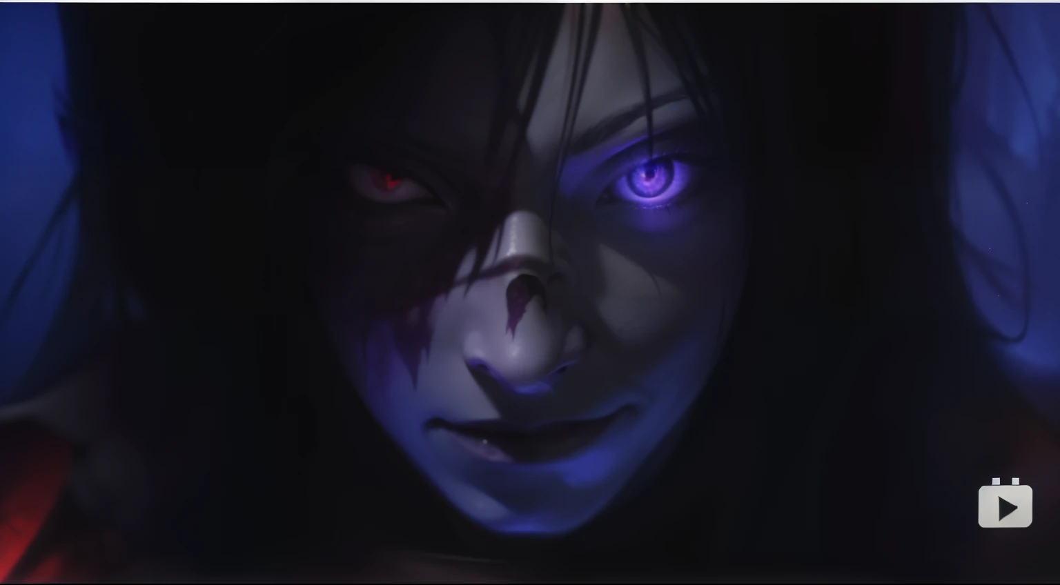 Close-up of a person with a creepy face and purple eyes, His eyes are red and shiny, Evil smile and glowing eyes, Red eyes glow, with Red glowing eyes, Blue Face Unreal Engine, With glowing red eyes, Purple glowing eyes, Uchiha Madara, eerie glowing eyes, Red glowing eyes, Anime CGI, With sparkling purple eyes, The eyes glow