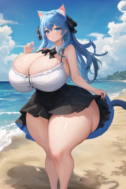 masterpiece, best quality, 1girl, (sky blue hair, long hair, detailed hair, cat ears, sky blue eyes, black hair ribbons:1.2), cute, (curvy, slim waist, bottomheavy, topheavy, huge , bursting breaststic ass, gigantic ghs, extremely wide hips:1.1), beach