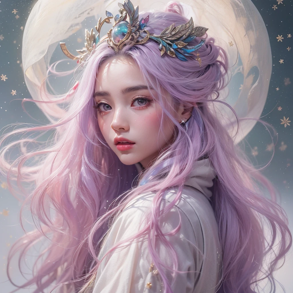 (((Single eyelid)))Snow hoop exclusion area 32K(tmasterpiece,k hd,hyper HD,32K)Long flowing purple-pink hair,Autumn Pond,zydink, a color, Tongzhou people (Girl with glowing eyes), (Thin silk scarf), Side squat position, looking at the ground, long whitr hair, Floating hair, Python headdress, Chinese long-sleeved clothing, (abstract ink splash:1.2), white backgrounid,Lotus protector(realisticlying:1.4),Purple-pink hair,Snowflakes fluttering,The background is pure, A high resolution, the detail, RAW photogr, Sharp Re, Nikon D850 Film Stock Photo by Jefferies Lee 4 Kodak Portra 400 Camera F1.6 shots, Rich colors, ultra-realistic vivid textures, Dramatic lighting, Unreal Engine Art Station Trend, cinestir 800,Long flowing purple-pink hair,((masterpiece)). This artwork is sweet, dreamy and ethereal, with soft pink watercolor hues and candy accents. Generate a delicate and demure fae exploring a (bubblegum world with a wide variety of pastel shades). Her sweet face is extremely detailed and realistic with elegant features and a fierce expression, and looks like ((((naomi scott)))). Include mature features and stunning, highly realistic eyes. Her eyes are important and should be realistic, highly detailed, and beautiful. In high definition and detail, include lots of details like stars, galaxies, colorful bubbles, colorful petals, and lots of energy and emotion! The stars and colorful bubblegum bubbles are important! Include fantasy details, enhanced details, iridescence, colorful glittering wind, and pollen. Pay special attention to her face and make sure it is beautifully and realistically detailed. The image should be dreamy and ethereal.8k, intricate, elegant, highly detailed, majestic, digital photography
