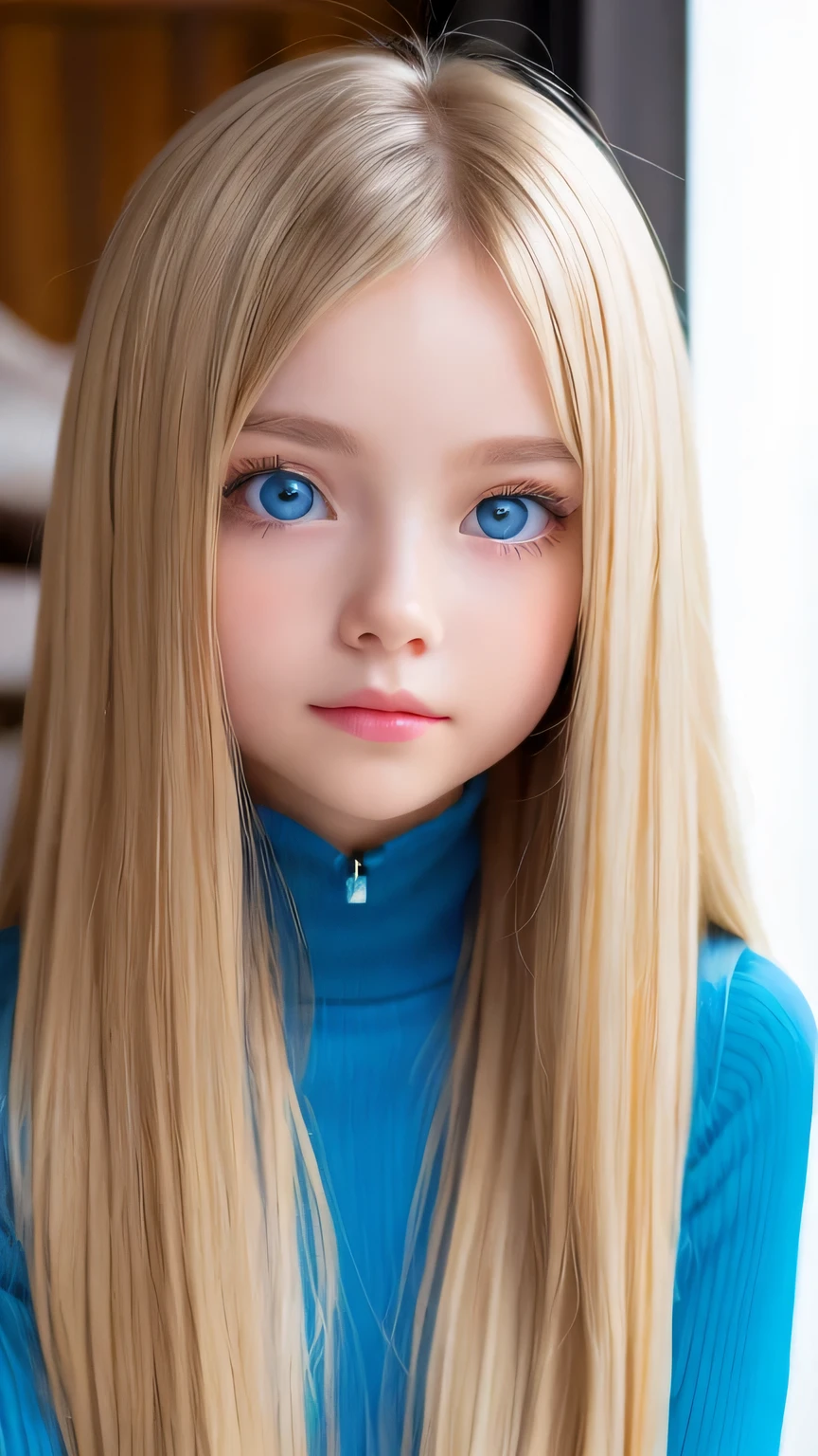 Very beautiful, bright, large light blue eyes、Very big eyes、Super long, super beautiful, bright blonde hair、Super long straight hair、Silky Hair、long bangs over the eyes、Very beautiful face, Young and shiny white skin、Very beautiful appearance、Beautiful and cute face、Very beautiful 14 year old, Stylish Nordic blonde beauty、A little larger chest, Full Body, Pubic hair, Very cute、hair over eyes、hair over one eye、hair between eyes、Round face