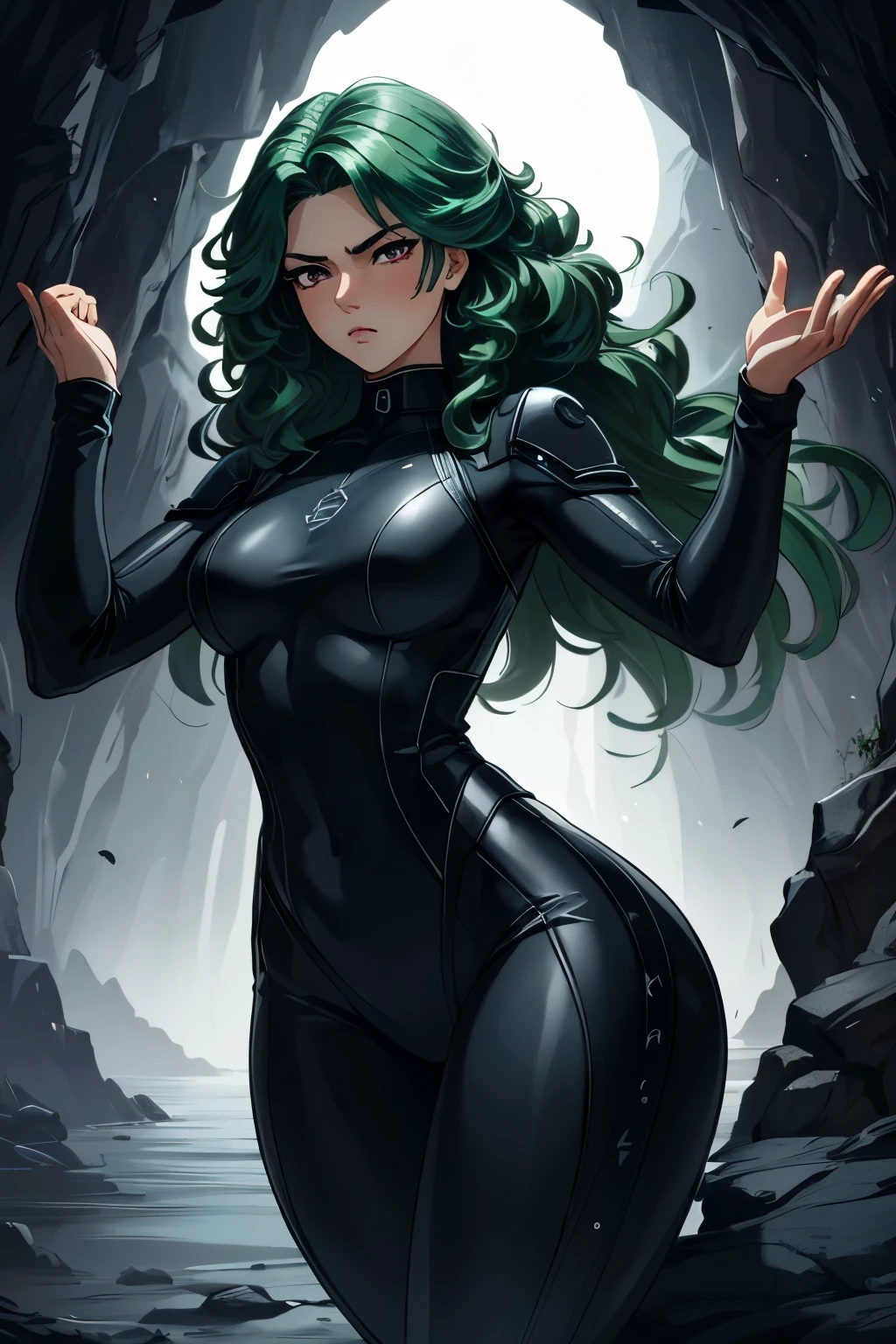 1 girl, (Fair skin:1.2), serious, cute, (8k, RAW photo, best quality, masterpiece:1.2) ultra-detailed, Super detailed, vivid colors, curly hair, anime, unreal engine 5, studio lighting, red magenta eyes, blank eyes, caves background, Aesthetic, romantic, Luna, Fair-skinned warrior, dark forest green hair, shadows, elegance, long hair, Casual elegance, Dark Blue combat bodysuit, Nighttime background, fighting pose