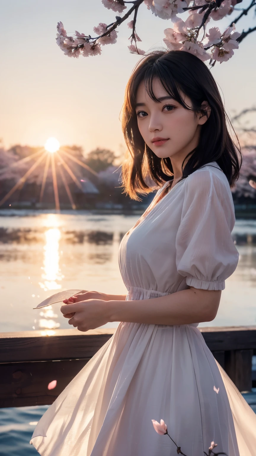 (logo、masterpiece、8k、Tabletop、RAW Photos、wonderful、最high quality、Photorealistic and Very detailed CG integrated 8k wallpaper、high quality、Very detailed、Narrative poem、Particle Effects、Dynamic Effects、Written boundary depth、Cinematic Light、Lens flare、Ray Tracing)、Fantasy、 (One beautiful woman、dress、dress、Cherry blossom pattern、Black-haired、Beautiful Face、True Face、Beautiful details、eye、Beautiful Skin)、私の髪はWindに舞う、Hair flutters in Wind、Hair bounces、Pink cherry blossom tree、Petals fluttering、SakuraFubuki、wonderful scenery、sunrise、Sun in the background、Wind
