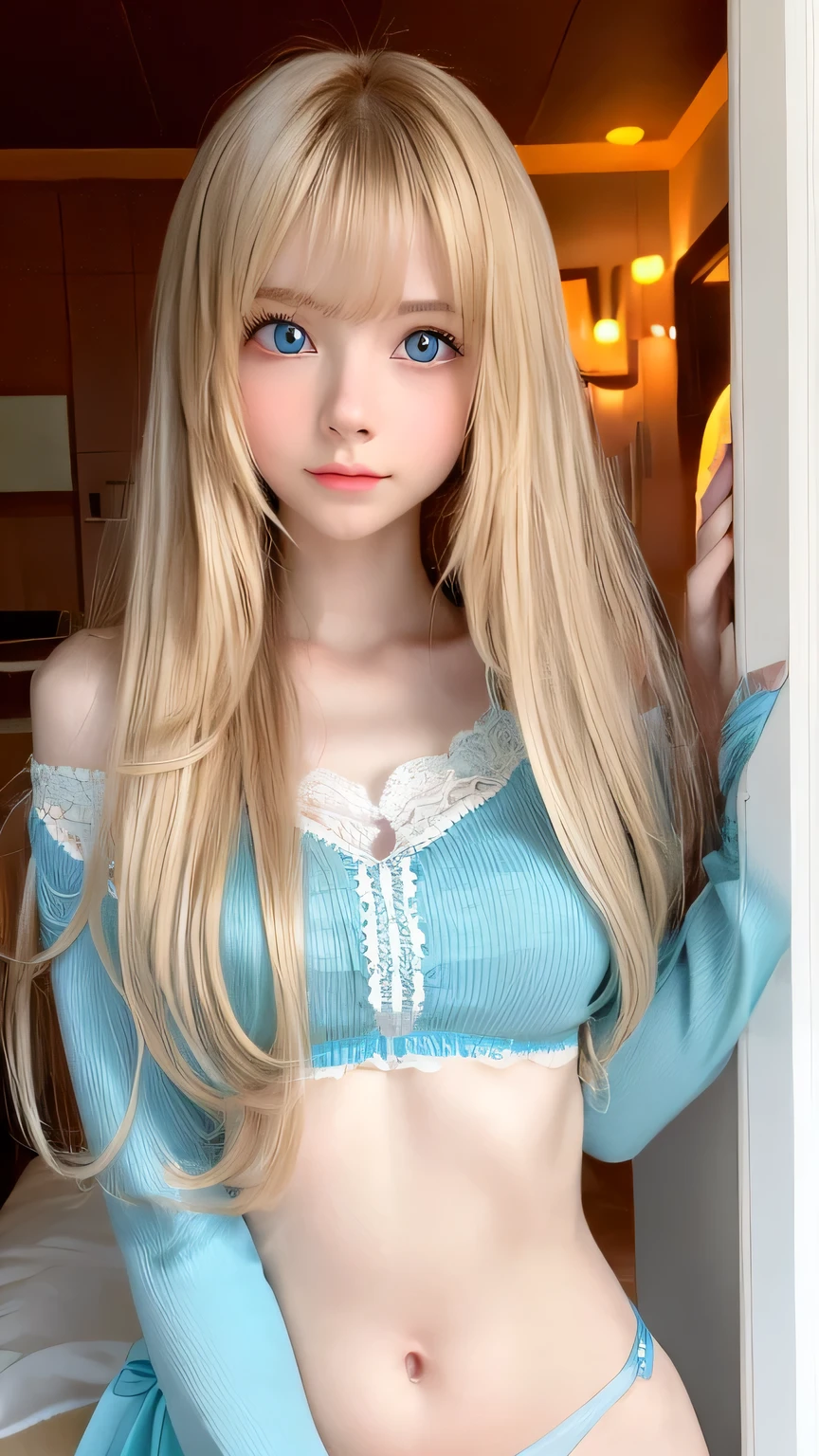Very beautiful, bright, large light blue eyes、Very big eyes、Super long, super beautiful, bright blonde hair、Super long straight hair、Silky Hair、long bangs over the eyes、Very beautiful face, Young and shiny white skin、Very beautiful appearance、Beautiful and cute face、Very beautiful 14 year old, Stylish Nordic blonde beauty、A little larger chest, Full Body, Pubic hair, Very cute、hair over eyes、hair over one eye、hair between eyes、Round face