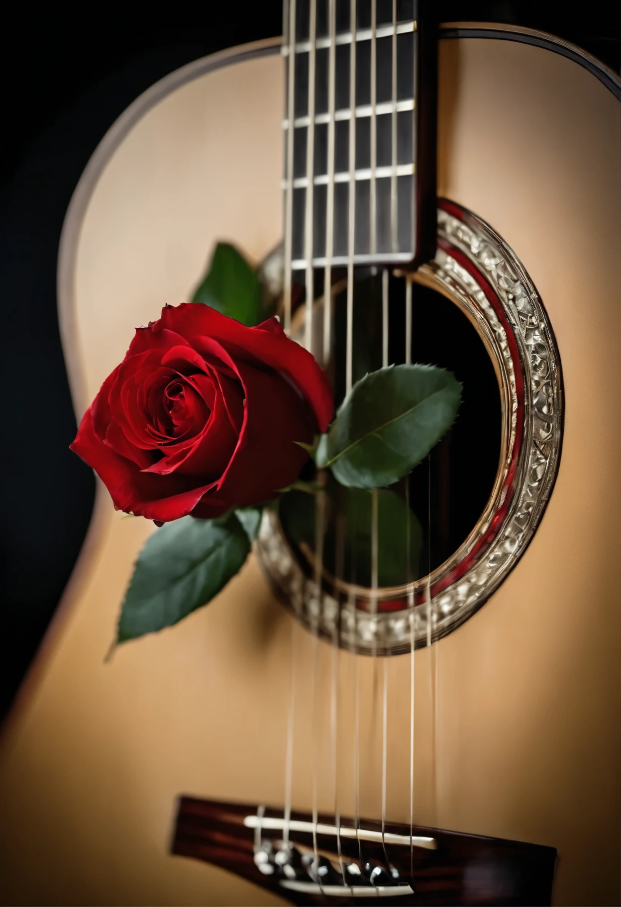 Imagen de una guitarra clasica, with a red rose next to it with the petals cut, con lluvia alrrededor,