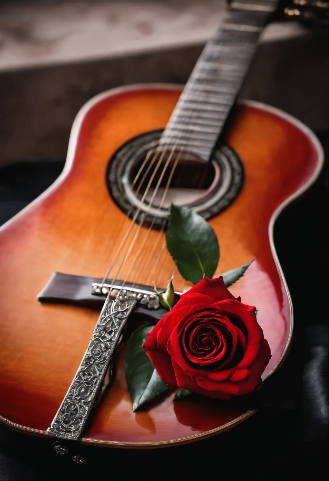 Imagen de una guitarra clasica, with a red rose next to it with the petals cut, con lluvia alrrededor, 