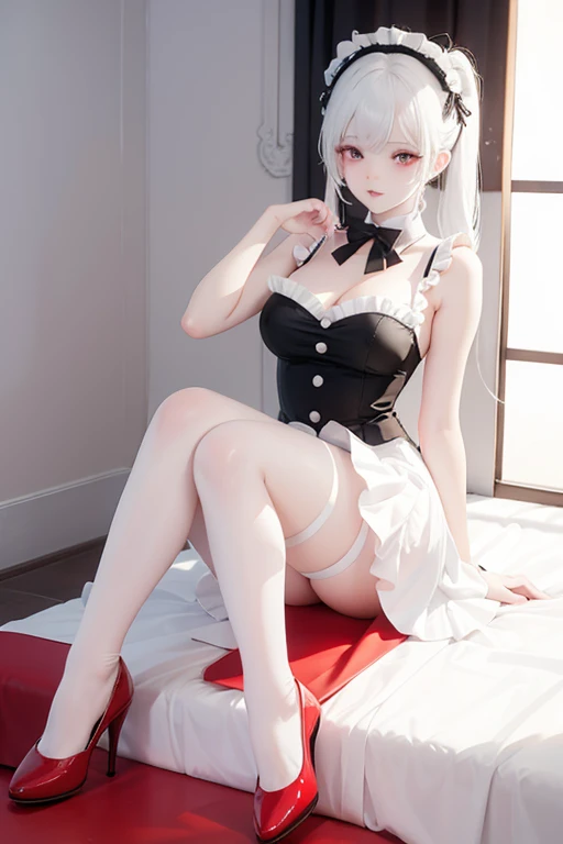 Woman, gorgeous, sexy, white hair, red eyes, two ponytails, red maid-like dress, black and white little details, ruffled skirt, seductive look, seductive pose, white stockings up to the middle of the thighs, red shoes