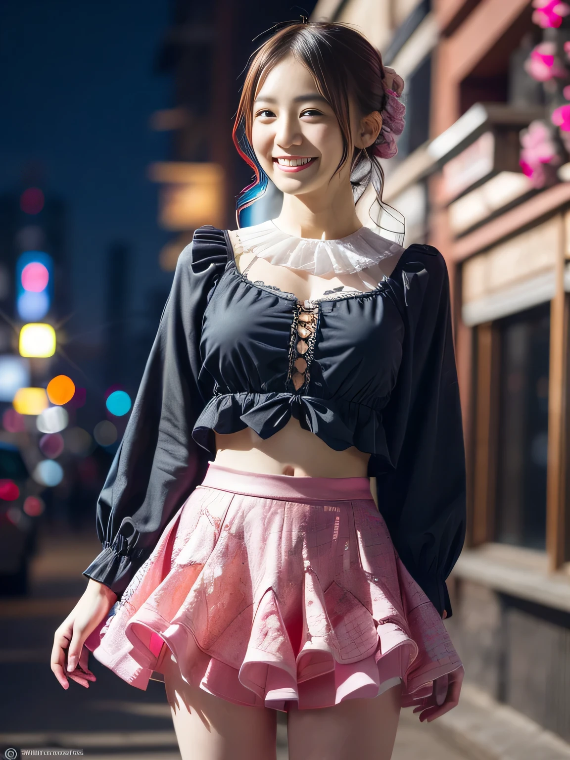 (best quality,ultra detailed,highres,HDR,8k,3D,realistic,photorealistic,super fine,cinematic natural light effects,official art,detailed background), ((very happy girl smile,young,Japanese,small face beauty):1.3), ((kawaii,round face,small face beauty):1.3), ((clothes reflecting light,elaborately designed clothes:1.3,super detailed skin):1.3), (dynamic pose:1.3), (multicolored hair:1.2), (Dip dye hair:1.1), (large breasts:1.3), (wide hips:1.3), (magical pink girl outfit,frill mini skirt:1.1), ((Penrose tiling background):1.3)blonde hair