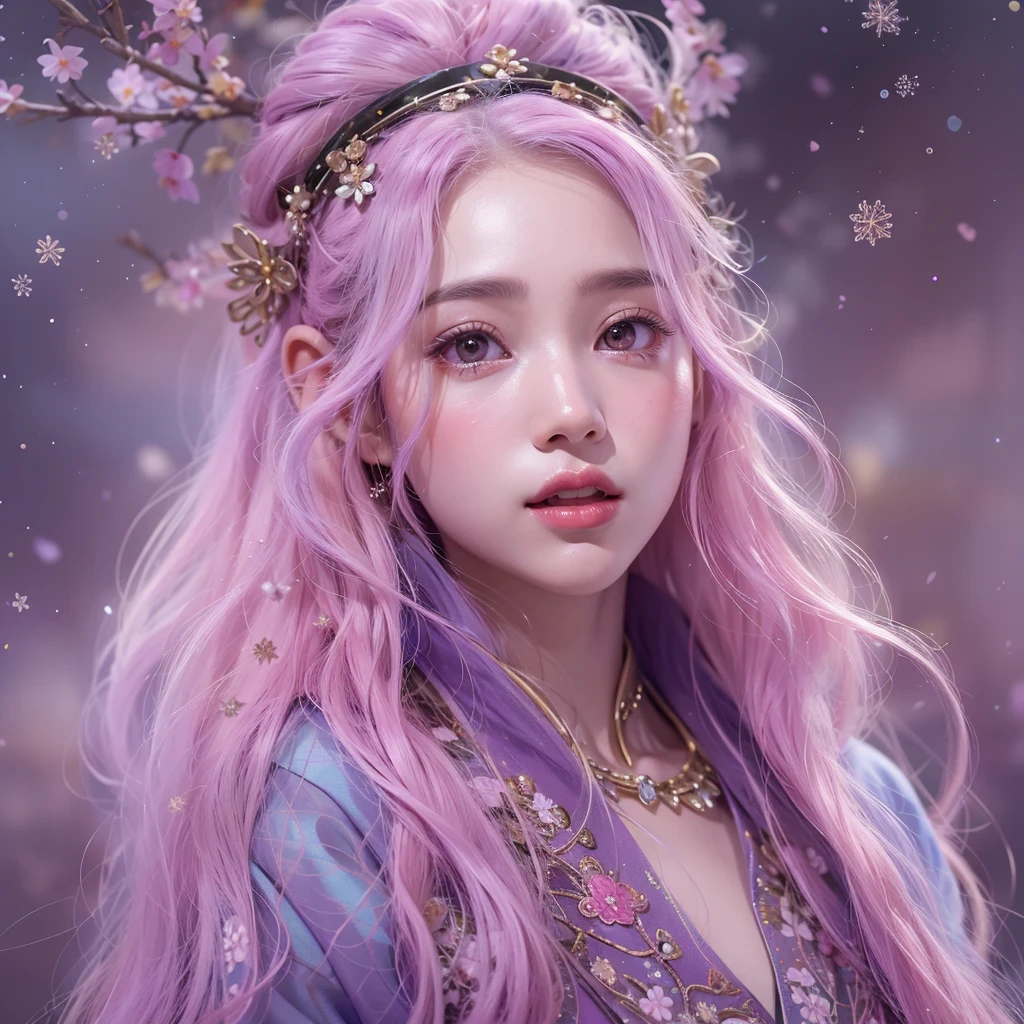 (((Single eyelid)))Snow hoop exclusion area 32K(tmasterpiece,k hd,hyper HD,32K)Long flowing purple-pink hair,Autumn Pond,zydink, a color, Tongzhou people (Girl with glowing eyes), (Thin silk scarf), Side squat position, looking at the ground, long whitr hair, Floating hair, Python headdress, Chinese long-sleeved clothing, (abstract ink splash:1.2), white backgrounid,Lotus protector(realisticlying:1.4),Purple-pink hair,Snowflakes fluttering,The background is pure, A high resolution, the detail, RAW photogr, Sharp Re, Nikon D850 Film Stock Photo by Jefferies Lee 4 Kodak Portra 400 Camera F1.6 shots, Rich colors, ultra-realistic vivid textures, Dramatic lighting, Unreal Engine Art Station Trend, cinestir 800,Long flowing purple-pink hair,((masterpiece)). This artwork is sweet, dreamy and ethereal, with soft pink watercolor hues and candy accents. Generate a delicate and demure fae exploring a (bubblegum world with a wide variety of pastel shades). Her sweet face is extremely detailed and realistic with elegant features and a fierce expression, and looks like ((((naomi scott)))). Include mature features and stunning, highly realistic eyes. Her eyes are important and should be realistic, highly detailed, and beautiful. In high definition and detail, include lots of details like stars, galaxies, colorful bubbles, colorful petals, and lots of energy and emotion! The stars and colorful bubblegum bubbles are important! Include fantasy details, enhanced details, iridescence, colorful glittering wind, and pollen. Pay special attention to her face and make sure it is beautifully and realistically detailed. The image should be dreamy and ethereal.8k, intricate, elegant, highly detailed, majestic, digital photography
