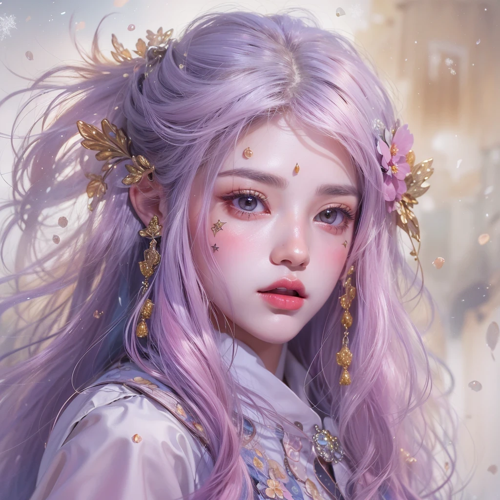 （（（Single eyelid）））Snow hoop exclusion area 32K（tmasterpiece，k hd，hyper HD，32K）Long flowing purple-pink hair，Autumn Pond，zydink， a color， Tongzhou people （Girl with glowing eyes）， （Thin silk scarf）， Side squat position， looking at the ground， long whitr hair， Floating hair， Python headdress， Chinese long-sleeved clothing， （abstract ink splash：1.2）， white backgrounid，Lotus protector（realisticlying：1.4），Purple-pink hair，Snowflakes fluttering，The background is pure， A high resolution， the detail， RAW photogr， Sharp Re， Nikon D850 Film Stock Photo by Jefferies Lee 4 Kodak Portra 400 Camera F1.6 shots, Rich colors, ultra-realistic vivid textures, Dramatic lighting, Unreal Engine Art Station Trend, cinestir 800，Long flowing purple-pink hair，((masterpiece)). This artwork is sweet, dreamy and ethereal, with soft pink watercolor hues and candy accents. Generate a delicate and demure fae exploring a (bubblegum world with a wide variety of pastel shades). Her sweet face is extremely detailed and realistic with elegant features and a fierce expression, and looks like ((((naomi scott)))). Include mature features and stunning, highly realistic eyes. Her eyes are important and should be realistic, highly detailed, and beautiful. In high definition and detail, include lots of details like stars, galaxies, colorful bubbles, colorful petals, and lots of energy and emotion! The stars and colorful bubblegum bubbles are important! Include fantasy details, enhanced details, iridescence, colorful glittering wind, and pollen. Pay special attention to her face and make sure it is beautifully and realistically detailed. The image should be dreamy and ethereal.8k, intricate, elegant, highly detailed, majestic, digital photography