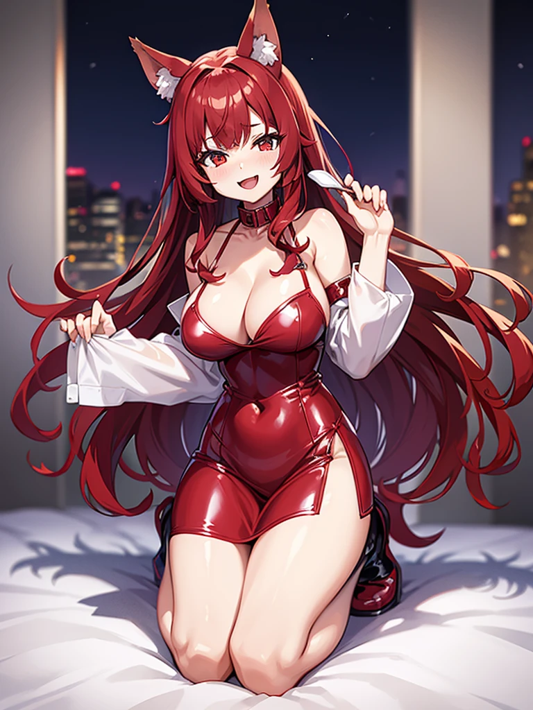 Happy woman, with wolf ears and red hair, holding her cheeks, wolf tail, wearing a latex dress, looking at veiwer, full body, you can see her chest, naked breasts