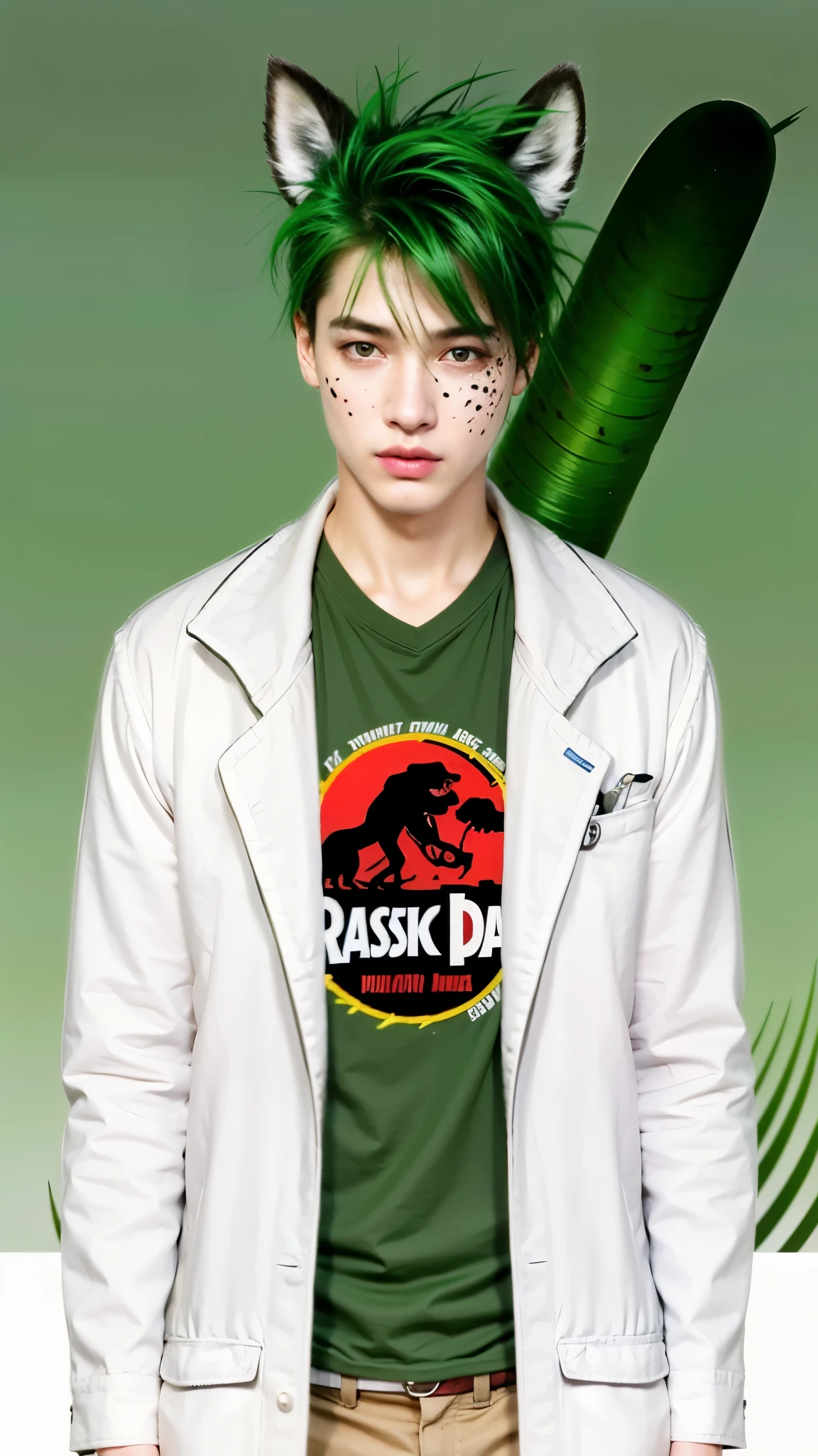 um homem adulto com cabelo curto, um jaleco branco, ((Maximum quality、8k、parte do masseter:1.1))、cabelo verder, 1 homem、cabelo espetado、jaguar ears, atalho、Olho grande、thicker lips、olhos dourados、Rosto seco、Um sorriso、green jaguar syrup、camisa Jurassic Park verde:1.1,Olho grande,rosto hiperdetalhado, Rosto realista、jaguar spots on the face, rosto sorridente、subir、legal face、organismo、Highly detailed lips、,Rosto de sopro、Abra um pouco a boca,olhos convidativos,pele brilhante, a noite、luz neon、paisagem floresta