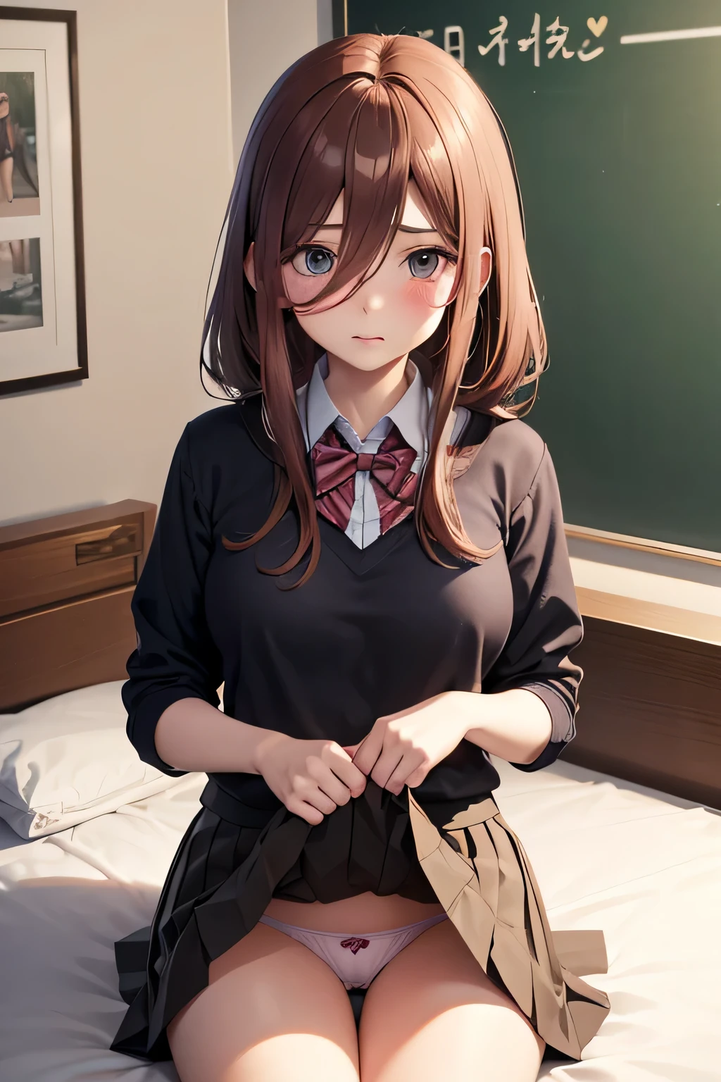 Mastepiece、masterpiece、highest quality、Super detailed、High resolution、8K Portrait、High definition CG of Unity 8k wallpaper、Cute little:1.5、:1.5、Highly detailed CG Unity 8k wallpaper、Realistic、Real person、 Portrait Photography、Shiny skin、High definition、(16 y)、(1 girl)、Beautiful clear eyes、extremely detailed description、Delicate face、Nice lips、Slim body、(thin waist)、Thin legs、(bed room:1.6)、1 Girl, Cute, Perfect Face, seriously, (blush:1.5),(Brown hair semi-long hair:1.3),(Headphones on neck),(large breasts:1.5),(School uniform:1.3),((skirt lift:1.5)),(looking at view),(from front:1.2),(disapproval face:1.5),nsfw,(take off panty:1.5)
