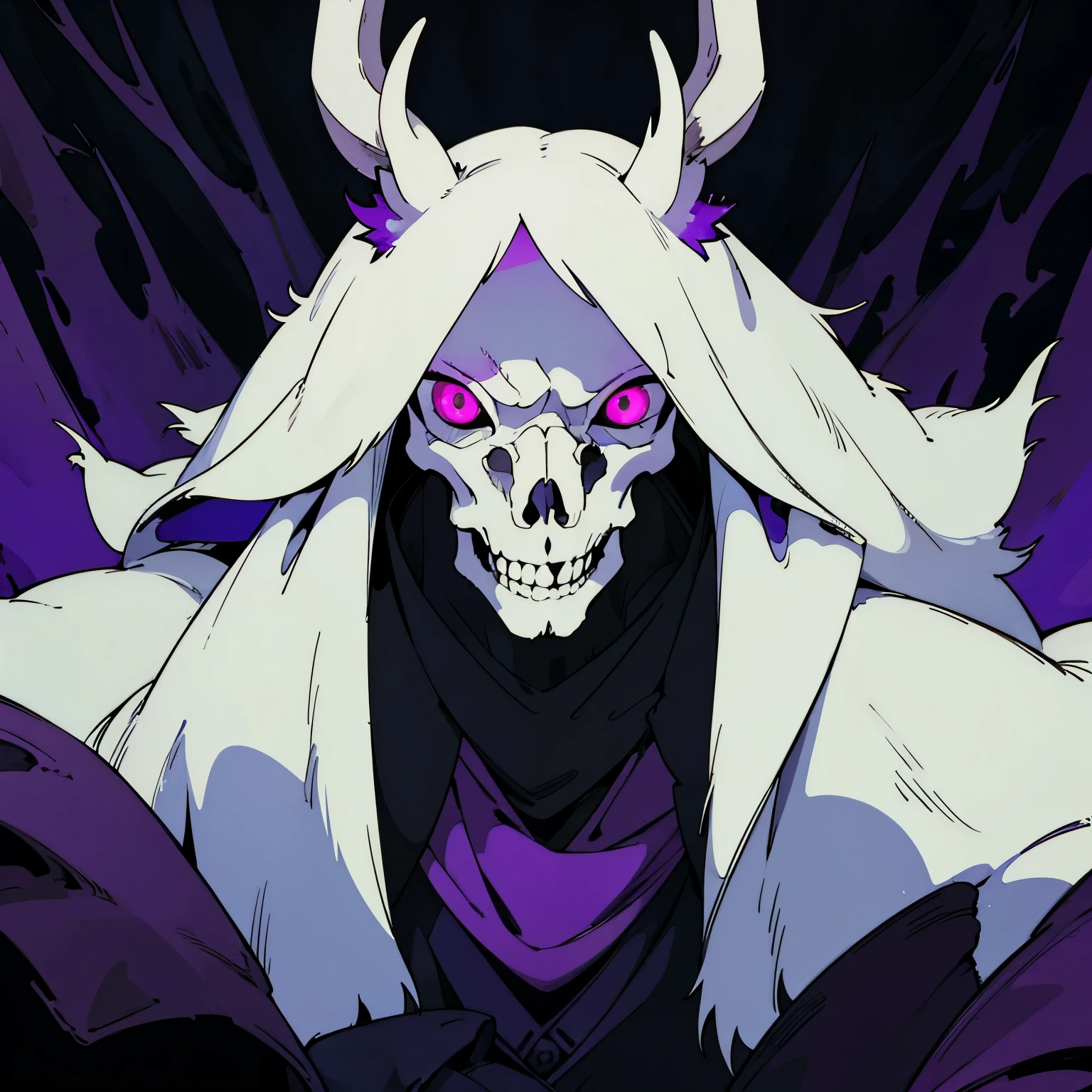 A Deers Skull possessed within Abyssal Robes, Bright Violet Eyes pierce with determination