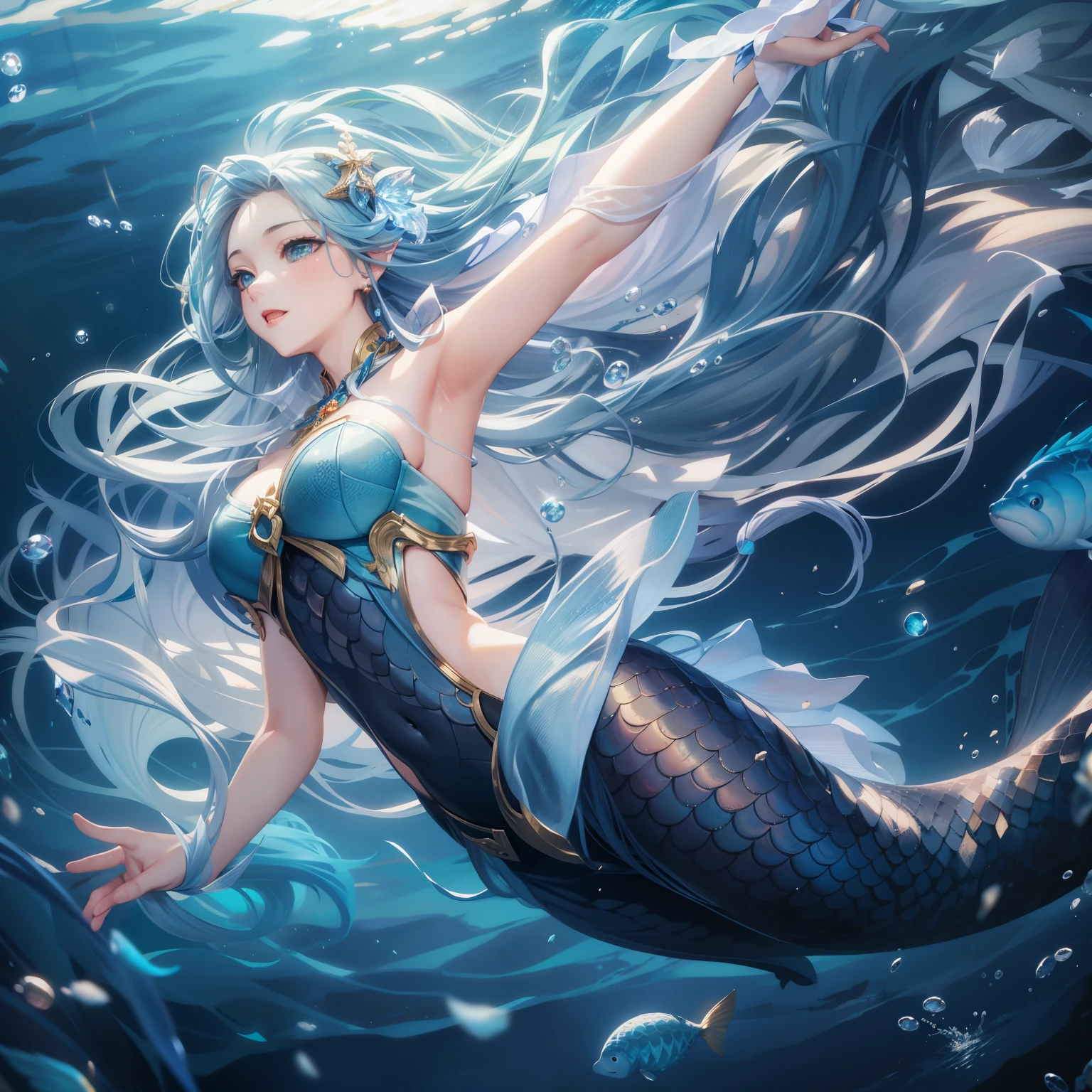 Mermaid with long hair floating in the ocean surrounded by fish, by ヤン・J, beautiful Mermaid, Queen of the Sea Mu Yanling, artstation pixivでトレンド, artgerm の artstation pixiv, Mermaid, Goddess of the Sea, Goddess of the Sea, Highly detailed art gems, a Mermaid in the sea, Anime fantasy illustration