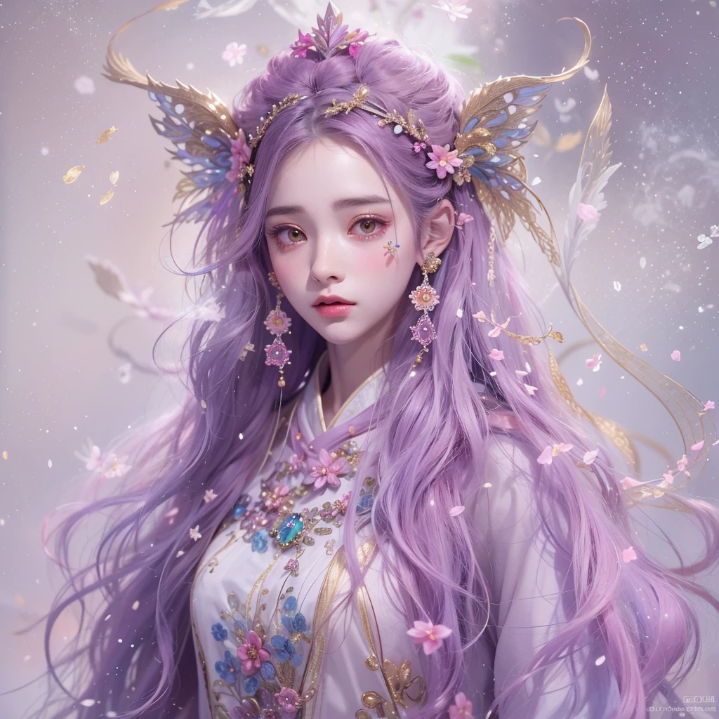 （（（Single eyelid）））Snow hoop exclusion area 32K（tmasterpiece，k hd，hyper HD，32K）Long flowing purple-pink hair，Autumn Pond，zydink， a color， Tongzhou people （Girl with glowing eyes）， （Thin silk scarf）， Side squat position， looking at the ground， long whitr hair， Floating hair， Python headdress， Chinese long-sleeved clothing， （abstract ink splash：1.2）， white backgrounid，Lotus protector（realisticlying：1.4），Purple-pink hair，Snowflakes fluttering，The background is pure， A high resolution， the detail， RAW photogr， Sharp Re， Nikon D850 Film Stock Photo by Jefferies Lee 4 Kodak Portra 400 Camera F1.6 shots, Rich colors, ultra-realistic vivid textures, Dramatic lighting, Unreal Engine Art Station Trend, cinestir 800，Long flowing purple-pink hair，((masterpiece)). This artwork is sweet, dreamy and ethereal, with soft pink watercolor hues and candy accents. Generate a delicate and demure fae exploring a (bubblegum world with a wide variety of pastel shades). Her sweet face is extremely detailed and realistic with elegant features and a fierce expression, and looks like ((((naomi scott)))). Include mature features and stunning, highly realistic eyes. Her eyes are important and should be realistic, highly detailed, and beautiful. In high definition and detail, include lots of details like stars, galaxies, colorful bubbles, colorful petals, and lots of energy and emotion! The stars and colorful bubblegum bubbles are important! Include fantasy details, enhanced details, iridescence, colorful glittering wind, and pollen. Pay special attention to her face and make sure it is beautifully and realistically detailed. The image should be dreamy and ethereal.8k, intricate, elegant, highly detailed, majestic, digital photography