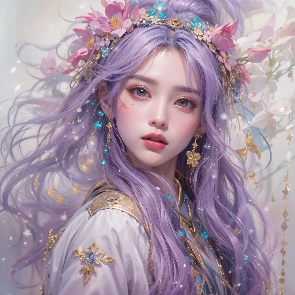(((Single eyelid)))Snow hoop exclusion area 32K(tmasterpiece,k hd,hyper HD,32K)Long flowing purple-pink hair,Autumn Pond,zydink, a color, Tongzhou people (Girl with glowing eyes), (Thin silk scarf), Side squat position, looking at the ground, long whitr hair, Floating hair, Python headdress, Chinese long-sleeved clothing, (abstract ink splash:1.2), white backgrounid,Lotus protector(realisticlying:1.4),Purple-pink hair,Snowflakes fluttering,The background is pure, A high resolution, the detail, RAW photogr, Sharp Re, Nikon D850 Film Stock Photo by Jefferies Lee 4 Kodak Portra 400 Camera F1.6 shots, Rich colors, ultra-realistic vivid textures, Dramatic lighting, Unreal Engine Art Station Trend, cinestir 800,Long flowing purple-pink hair,((masterpiece)). This artwork is sweet, dreamy and ethereal, with soft pink watercolor hues and candy accents. Generate a delicate and demure fae exploring a (bubblegum world with a wide variety of pastel shades). Her sweet face is extremely detailed and realistic with elegant features and a expression, and looks like ((((naomi scott)))). Include matureres and stunning, highly realistic eyes. Her eyes are important and should be realistic, highly detailed, and beautiful. In high definition and detail, include lots of details like stars, galaxies, colorful bubbles, colorful petals, and lots of energy and emotion! The stars and colorful bubblegum bubbles are important! Include fantasy details, enhanced details, iridescence, colorful glittering wind, and pollen. Pay special attention to her face and make sure it is beautifully and realistically detailed. The image should be dreamy and ethereal.8k, intricate, elegant, highly detailed, majestic, digital photography