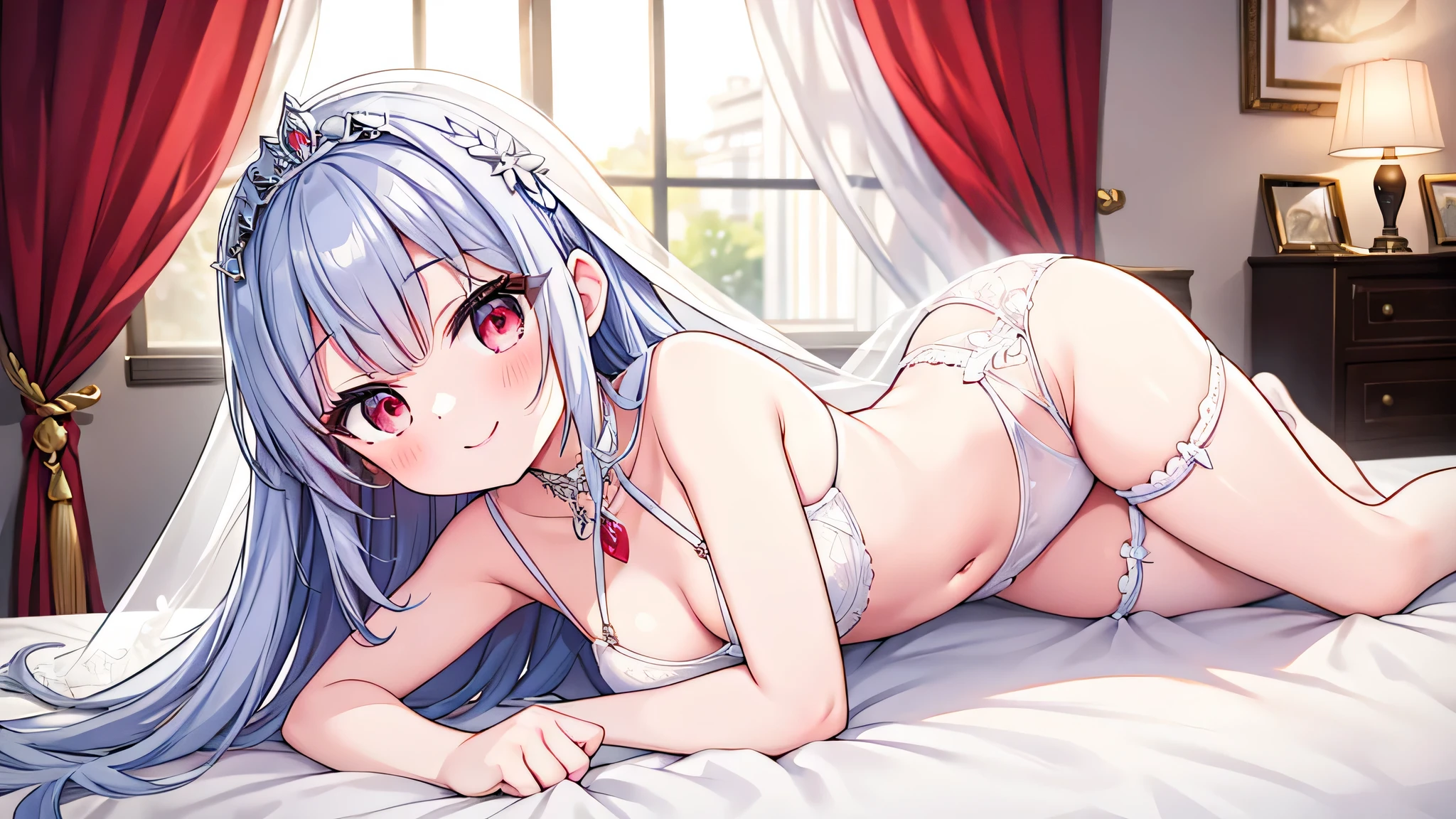 anime art of young girl laying in wedding lingerie in bed, spreading legs, smiling, blushing, made up, updo hair, red lips, jewelry, highres, flat chest, body, tiara, stockings, wedding veil, red lips, flat breasts