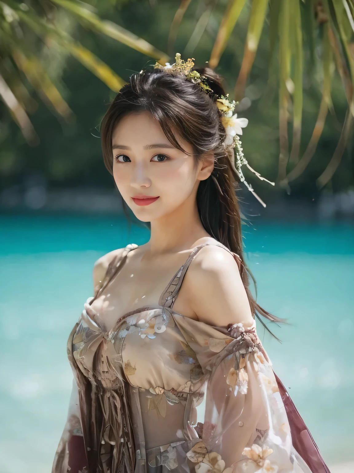 (on the table, best quality, Realistically, Ultra Detailed, meticulous, high resolution, 8k wallpaper), Close-up portrait of a beautiful woman, like, Smile, Light brown messy hair, Perfect dynamic composition, Beautiful and meticulous eyes, Just like the cover of a fashion magazine, On Campus