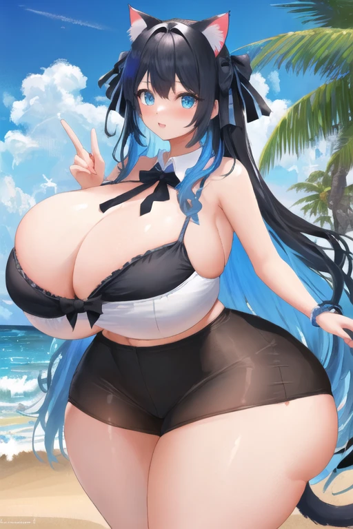 masterpiece, best quality, 1girl, (sky blue hair, long hair, detailed hair, cat ears, sky blue eyes, black hair ribbons:1.2), cute, (curvy, slim waist, bottomheavy, topheavy, gigantic breasts, bursting breasts, gigantic ass, gigantic thighs, extremely wide hips:1.1), beach