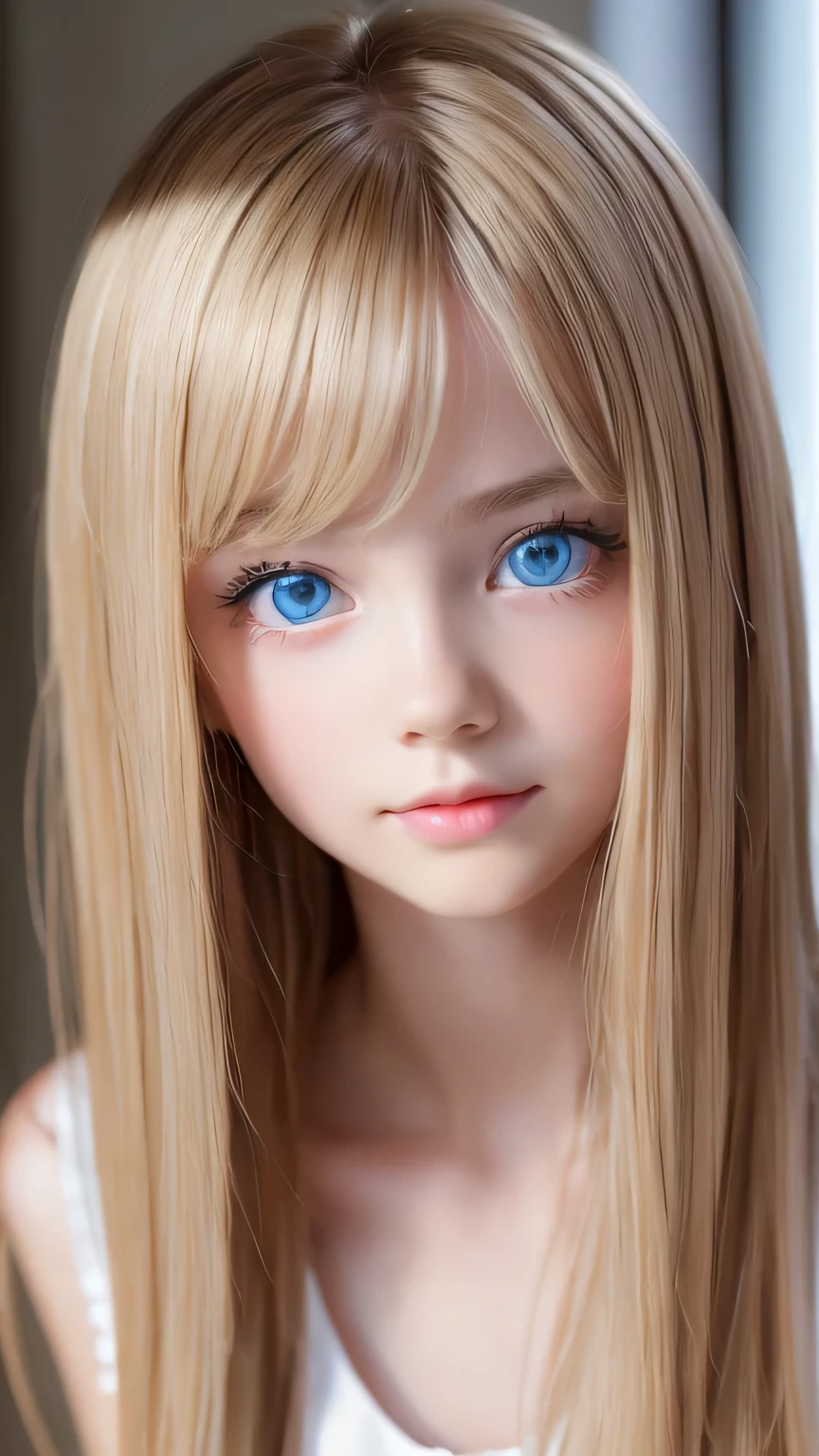 Very beautiful, bright, large light blue eyes、Very big eyes、Super long, super beautiful, bright blonde hair、Super long straight hair、Silky Hair、long bangs over the eyes、Very beautiful face, Young and shiny white skin、Very beautiful appearance、Beautiful and cute face、Very beautiful , Stylish Nordic blonde beauty、A little larger chest, Full Body, Pubic hair, Very cute、hair over eyes、hair over one eye、hair between eyes、Round face