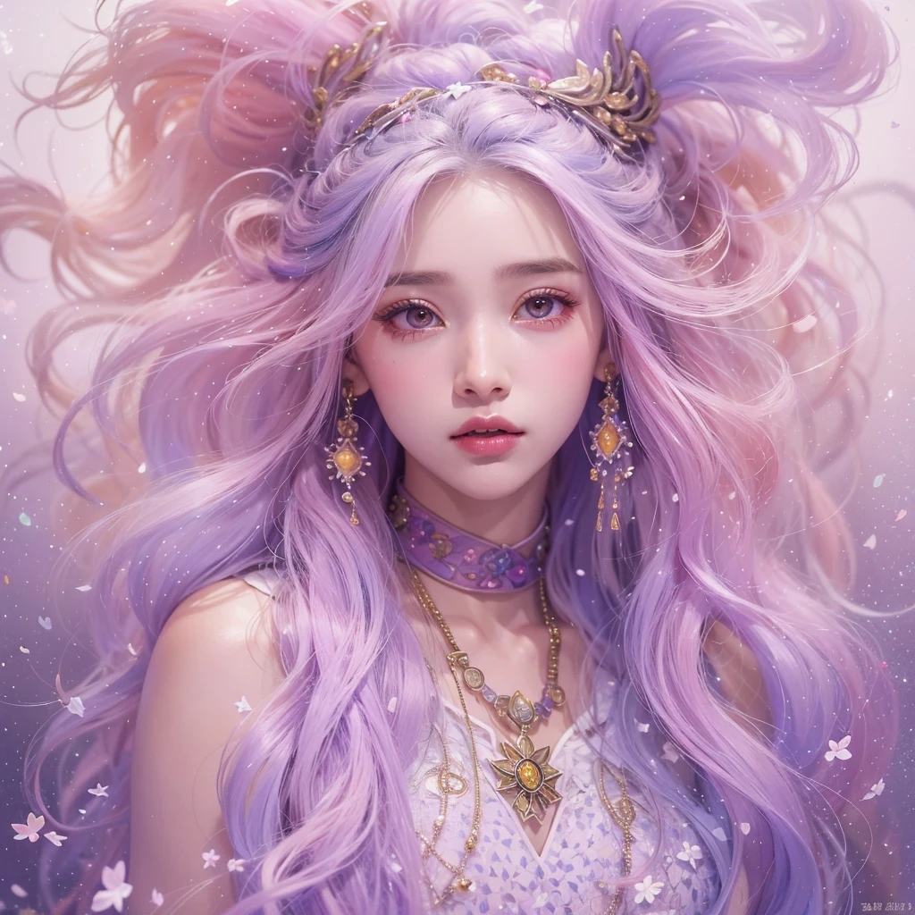 (((Single eyelid)))Snow hoop exclusion area 32K(tmasterpiece,k hd,hyper HD,32K)Long flowing purple-pink hair,Autumn Pond,zydink, a color, Tongzhou people (Girl with glowing eyes), (Thin silk scarf), Side squat position, looking at the ground, long whitr hair, Floating hair, Python headdress, Chinese long-sleeved clothing, (abstract ink splash:1.2), white backgrounid,Lotus protector(realisticlying:1.4),Purple-pink hair,Snowflakes fluttering,The background is pure, A high resolution, the detail, RAW photogr, Sharp Re, Nikon D850 Film Stock Photo by Jefferies Lee 4 Kodak Portra 400 Camera F1.6 shots, Rich colors, ultra-realistic vivid textures, Dramatic lighting, Unreal Engine Art Station Trend, cinestir 800,Long flowing purple-pink hair,((masterpiece)). This artwork is sweet, dreamy and ethereal, with soft pink watercolor hues and candy accents. Generate a delicate and demure fae exploring a (bubblegum world with a wide variety of pastel shades). Her sweet face is extremely detailed and realistic with elegant features and a fierce expression, and looks like ((((naomi scott)))). Include mature features and stunning, highly realistic eyes. Her eyes are important and should be realistic, highly detailed, and beautiful. In high definition and detail, include lots of details like stars, galaxies, colorful bubbles, colorful petals, and lots of energy and emotion! The stars and colorful bubblegum bubbles are important! Include fantasy details, enhanced details, iridescence, colorful glittering wind, and pollen. Pay special attention to her face and make sure it is beautifully and realistically detailed. The image should be dreamy and ethereal.8k, intricate, elegant, highly detailed, majestic, digital photography