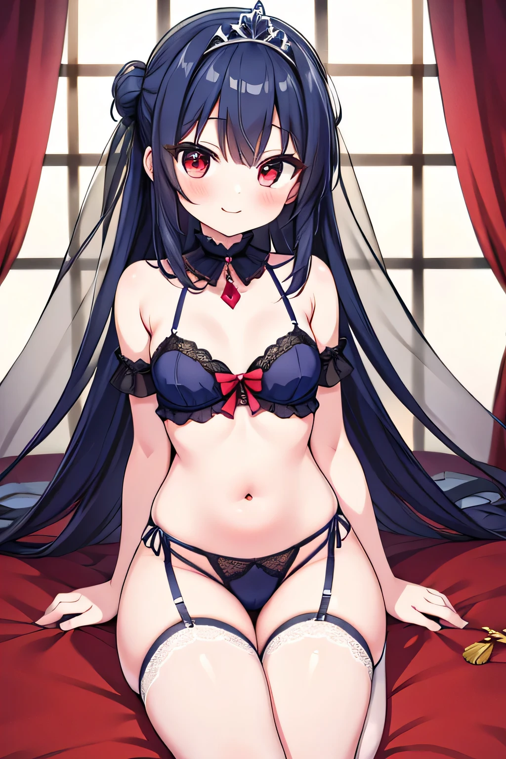 anime art of young girl laying in wedding lingerie in bed, spreading legs, smiling, blushing, made up, updo hair, red lips, jewelry, highres, flat chest, body, tiara, stockings, wedding veil, red lips