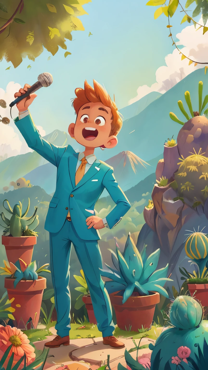 Man in suit holding a microphone speaking loudly and raising his right arm, al aire libre, cactus y cerros de fondo, feliz, escrito "Police Cardonal" en el cielo, calidad perfecta, enfoque claro (desorden - hogar: 0.8), (Obra maestra: 1.2) (realista: 1.2) (bokeh) (mejor calidad) (Piel detallada: 1.3) (detalles intrincados) (8k) (Detalle ojos) (sharp focus), (feliz)