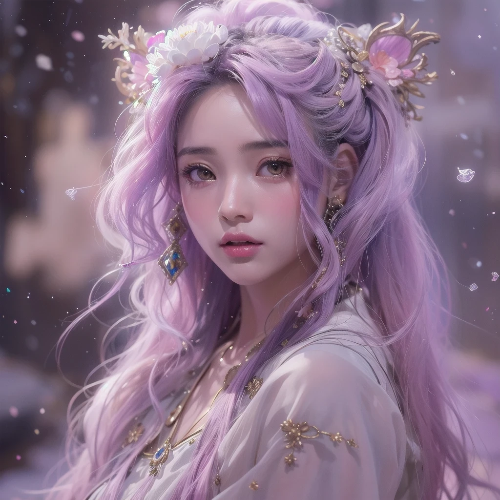 (((Single eyelid)))Snow hoop exclusion area 32K(tmasterpiece,k hd,hyper HD,32K)Long flowing purple-pink hair,Autumn Pond,zydink, a color, Tongzhou people (Girl with glowing eyes), (Thin silk scarf), Side squat position, looking at the ground, long whitr hair, Floating hair, Python headdress, Chinese long-sleeved clothing, (abstract ink splash:1.2), white backgrounid,Lotus protector(realisticlying:1.4),Purple-pink hair,Snowflakes fluttering,The background is pure, A high resolution, the detail, RAW photogr, Sharp Re, Nikon D850 Film Stock Photo by Jefferies Lee 4 Kodak Portra 400 Camera F1.6 shots, Rich colors, ultra-realistic vivid textures, Dramatic lighting, Unreal Engine Art Station Trend, cinestir 800,Long flowing purple-pink hair,((masterpiece)). This artwork is sweet, dreamy and ethereal, with soft pink watercolor hues and candy accents. Generate a delicate and demure fae exploring a (bubblegum world with a wide variety of pastel shades). Her sweet face is extremely detailed and realistic with elegant features and a fierce expression, and looks like ((((naomi scott)))). Include mature features and stunning, highly realistic eyes. Her eyes are important and should be realistic, highly detailed, and beautiful. In high definition and detail, include lots of details like stars, galaxies, colorful bubbles, colorful petals, and lots of energy and emotion! The stars and colorful bubblegum bubbles are important! Include fantasy details, enhanced details, iridescence, colorful glittering wind, and pollen. Pay special attention to her face and make sure it is beautifully and realistically detailed. The image should be dreamy and ethereal.8k, intricate, elegant, highly detailed, majestic, digital photography
