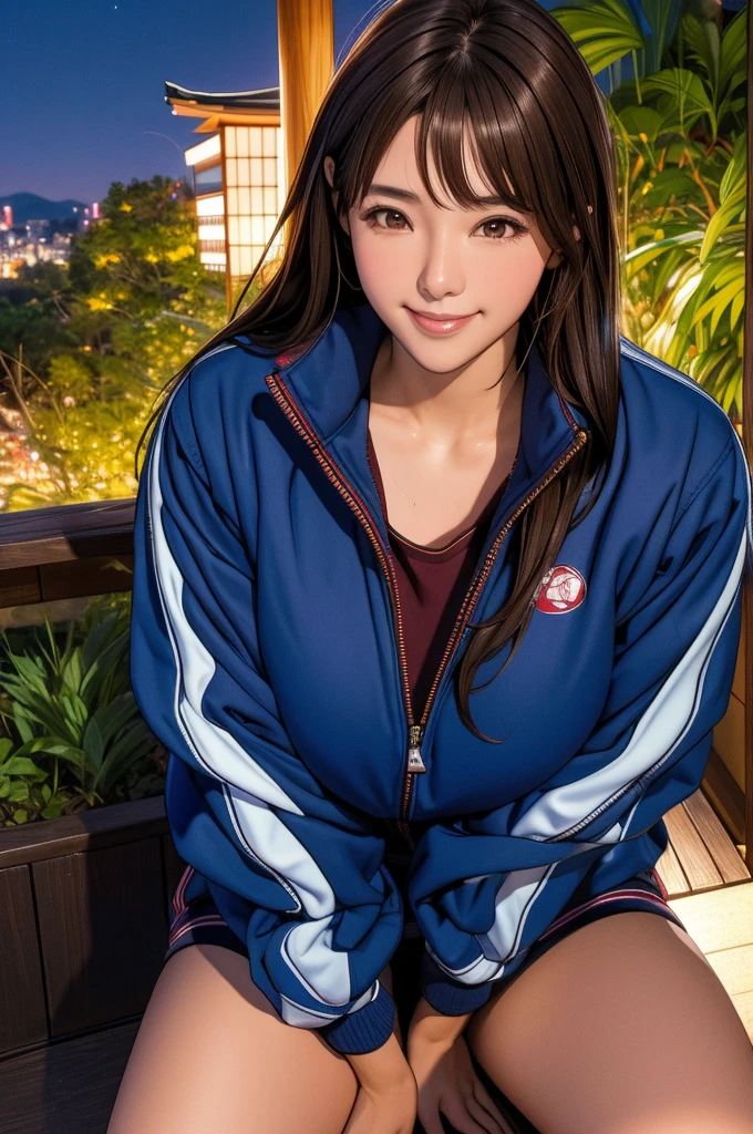 (nsfw),masterpiece,ultra detailed,sharp focus,high resolution,brown hair,(tareme,japanese idol),female,smile,pov,track jacket,sitting in bush,night,night sky,night light,from above,gigantic breasts,