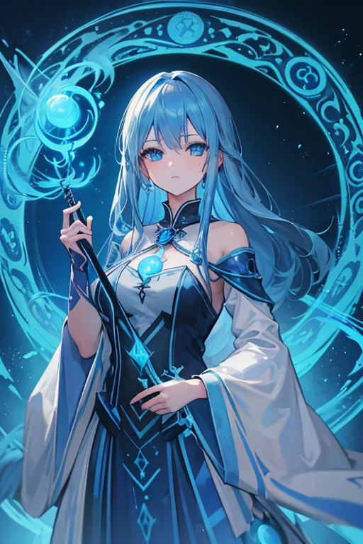 1girl, (masterpiece, best quality), long blue hair, blue magic eyes, blue arcane magic circles behind her, (holding a large arcane staff with blue arcane magic swirling around it), magician robes, glowing weapon, glowing magic, 