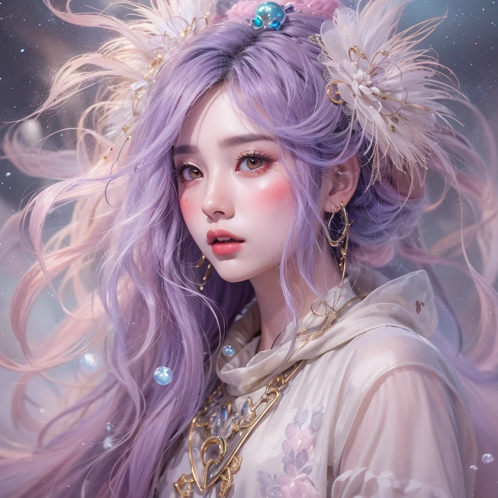 (((Single eyelid)))Snow hoop exclusion area 32K(tmasterpiece,k hd,hyper HD,32K)Long flowing purple-pink hair,Autumn Pond,zydink, a color, Tongzhou people (Girl with glowing eyes), (Thin silk scarf), Side squat position, looking at the ground, long whitr hair, Floating hair, Python headdress, Chinese long-sleeved clothing, (abstract ink splash:1.2), white backgrounid,Lotus protector(realisticlying:1.4),Purple-pink hair,Snowflakes fluttering,The background is pure, A high resolution, the detail, RAW photogr, Sharp Re, Nikon D850 Film Stock Photo by Jefferies Lee 4 Kodak Portra 400 Camera F1.6 shots, Rich colors, ultra-realistic vivid textures, Dramatic lighting, Unreal Engine Art Station Trend, cinestir 800,Long flowing purple-pink hair,((masterpiece)). This artwork is sweet, dreamy and ethereal, with soft pink watercolor hues and candy accents. Generate a delicate and demure fae exploring a (bubblegum world with a wide variety of pastel shades). Her sweet face is extremely detailed and realistic with elegant features and a fierce expression, and looks like ((((naomi scott)))). Include mature features and stunning, highly realistic eyes. Her eyes are important and should be realistic, highly detailed, and beautiful. In high definition and detail, include lots of details like stars, galaxies, colorful bubbles, colorful petals, and lots of energy and emotion! The stars and colorful bubblegum bubbles are important! Include fantasy details, enhanced details, iridescence, colorful glittering wind, and pollen. Pay special attention to her face and make sure it is beautifully and realistically detailed. The image should be dreamy and ethereal.8k, intricate, elegant, highly detailed, majestic, digital photography