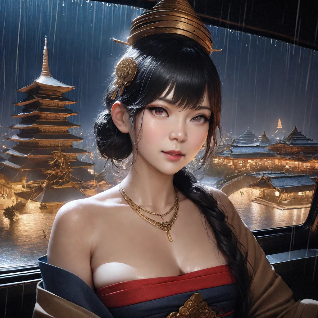 (8k, RAW Photos, highest quality, masterpiece:1.2), (Realistic, photo-Realistic:1.37),st. Louis (luxury wheels) (Azur Lane),One girl,(Myanmar girl), (Charming monkey:1),hair ornaments, Portraiture, (Myanmar traditional costume:1.1), necklace, Blue Claws,cute,Cityscape, night, rain, Wet, Professional Lighting, Photon Mapping, Radio City, Physically Based Rendering, Background Shwedagon Pagoda