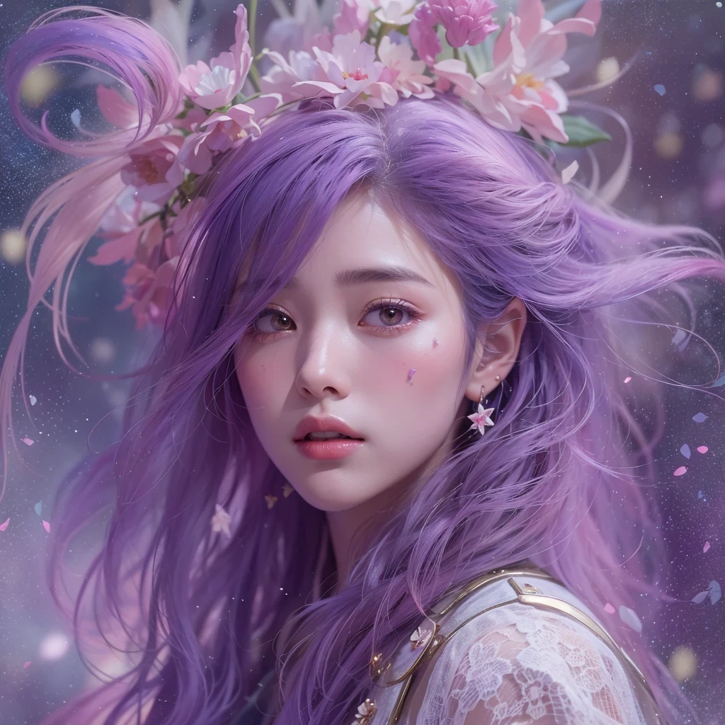 (((Single eyelid)))Snow hoop exclusion area 32K(tmasterpiece,k hd,hyper HD,32K)Long flowing purple-pink hair,Autumn Pond,zydink, a color, Tongzhou people (Girl with glowing eyes), (Thin silk scarf), Side squat position, looking at the ground, long whitr hair, Floating hair, Python headdress, Chinese long-sleeved clothing, (abstract ink splash:1.2), white backgrounid,Lotus protector(realisticlying:1.4),Purple-pink hair,Snowflakes fluttering,The background is pure, A high resolution, the detail, RAW photogr, Sharp Re, Nikon D850 Film Stock Photo by Jefferies Lee 4 Kodak Portra 400 Camera F1.6 shots, Rich colors, ultra-realistic vivid textures, Dramatic lighting, Unreal Engine Art Station Trend, cinestir 800,Long flowing purple-pink hair,((masterpiece)). This artwork is sweet, dreamy and ethereal, with soft pink watercolor hues and candy accents. Generate a delicate and demure fae exploring a (bubblegum world with a wide variety of pastel shades). Her sweet face is extremely detailed and realistic with elegant features and a fierce expression, and looks like ((((naomi scott)))). Include mature features and stunning, highly realistic eyes. Her eyes are important and should be realistic, highly detailed, and beautiful. In high definition and detail, include lots of details like stars, galaxies, colorful bubbles, colorful petals, and lots of energy and emotion! The stars and colorful bubblegum bubbles are important! Include fantasy details, enhanced details, iridescence, colorful glittering wind, and pollen. Pay special attention to her face and make sure it is beautifully and realistically detailed. The image should be dreamy and ethereal.8k, intricate, elegant, highly detailed, majestic, digital photography