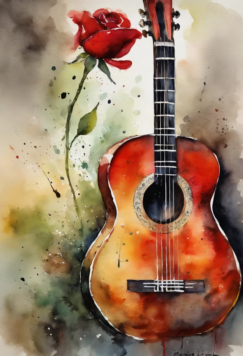 Imagen de una guitarra clasica, con una rosa roja al lado, con lluvia alrrededor, la guitarra con un par de gotas de agua encima, con el fondo distorsionado,