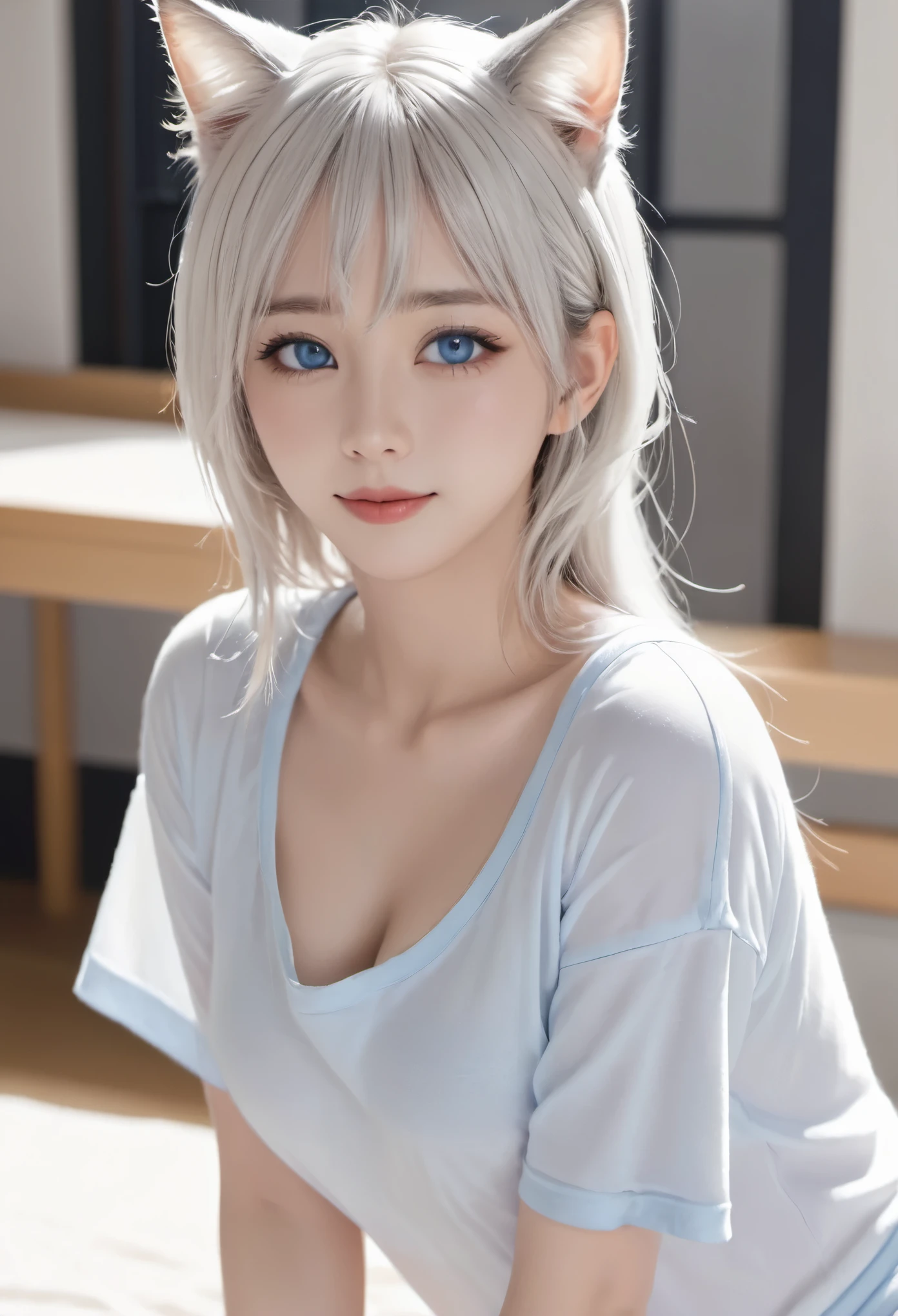 (Empty), ((masterpiece)) , ((best quality)), illustration, hairy, Cat, Animal ears, Tail, Bodysuit, 1 Girl, View, Upper Body, 1 Girl, Solitary, Long hair, White hair, *//*, Blue Eyes, *//*, White shirt, Looking at the audience, Smile, nude, 