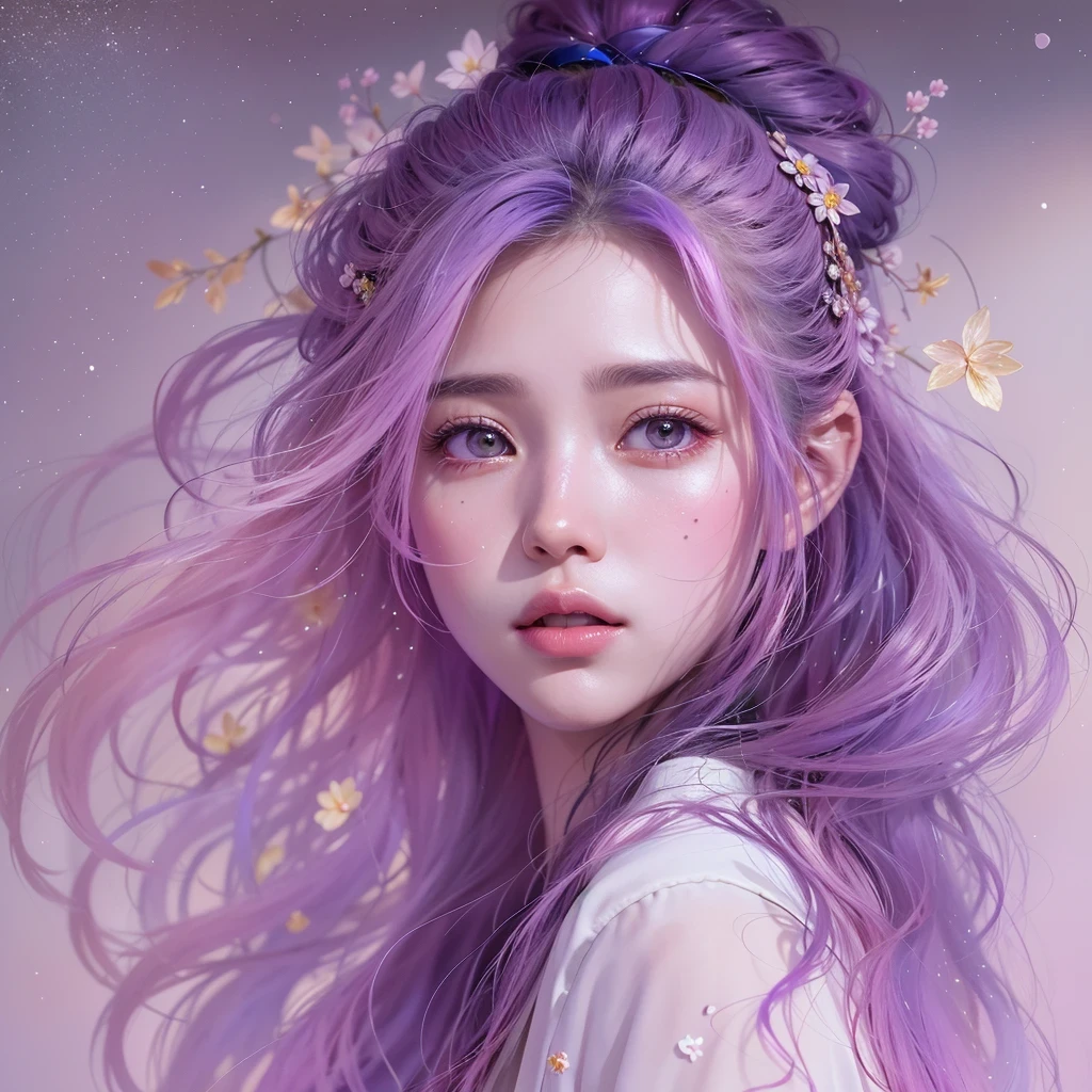 (((Single eyelid)))Snow hoop exclusion area 32K(tmasterpiece,k hd,hyper HD,32K)Long flowing purple-pink hair,Autumn Pond,zydink, a color, Tongzhou people (Girl with glowing eyes), (Thin silk scarf), Side squat position, looking at the ground, long whitr hair, Floating hair, Python headdress, Chinese long-sleeved clothing, (abstract ink splash:1.2), white backgrounid,Lotus protector(realisticlying:1.4),Purple-pink hair,Snowflakes fluttering,The background is pure, A high resolution, the detail, RAW photogr, Sharp Re, Nikon D850 Film Stock Photo by Jefferies Lee 4 Kodak Portra 400 Camera F1.6 shots, Rich colors, ultra-realistic vivid textures, Dramatic lighting, Unreal Engine Art Station Trend, cinestir 800,Long flowing purple-pink hair,((masterpiece)). This artwork is sweet, dreamy and ethereal, with soft pink watercolor hues and candy accents. Generate a delicate and demure fae exploring a (bubblegum world with a wide variety of pastel shades). Her sweet face is extremely detailed and realistic with elegant features and a fierce expression, and looks like ((((naomi scott)))). Include mature features and stunning, highly realistic eyes. Her eyes are important and should be realistic, highly detailed, and beautiful. In high definition and detail, include lots of details like stars, galaxies, colorful bubbles, colorful petals, and lots of energy and emotion! The stars and colorful bubblegum bubbles are important! Include fantasy details, enhanced details, iridescence, colorful glittering wind, and pollen. Pay special attention to her face and make sure it is beautifully and realistically detailed. The image should be dreamy and ethereal.8k, intricate, elegant, highly detailed, majestic, digital photography