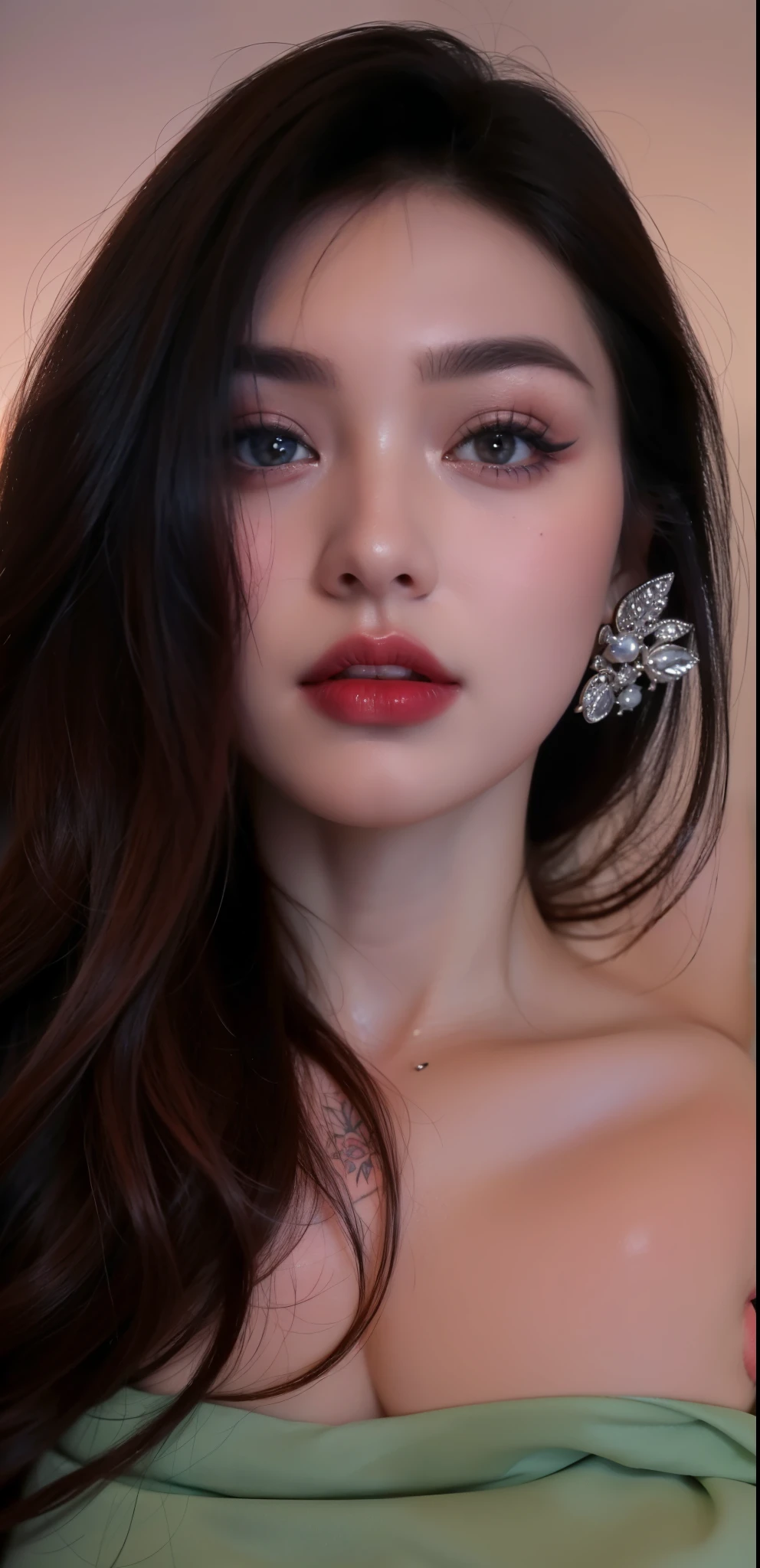 Royal princess,Ultra Detailed, Delicate face, movie stock photography , Portrait 400, F1 camera lens.6, Colorful, Surreal, Realistic textures, Dramatic Lighting, Film Distiller 800 (8k, original photo, better quality, masterpiece: 1.2), Ultra Detailed, (Extremely delicate skin: 1.2), 8k ultra high definition, SLR camera, Soft Light, high quality.Frozen queen,Blue pupils,Apply red lipstick,Have a tattoo,The tattoo is very three-dimensional,Gorgeous and intricate tattoo designs,8k facial photos,Large breasts,30 year old woman,Slightly fat,Dark eyeshadow,Sexy thick lips(Red lipstick),Blurred eyes
