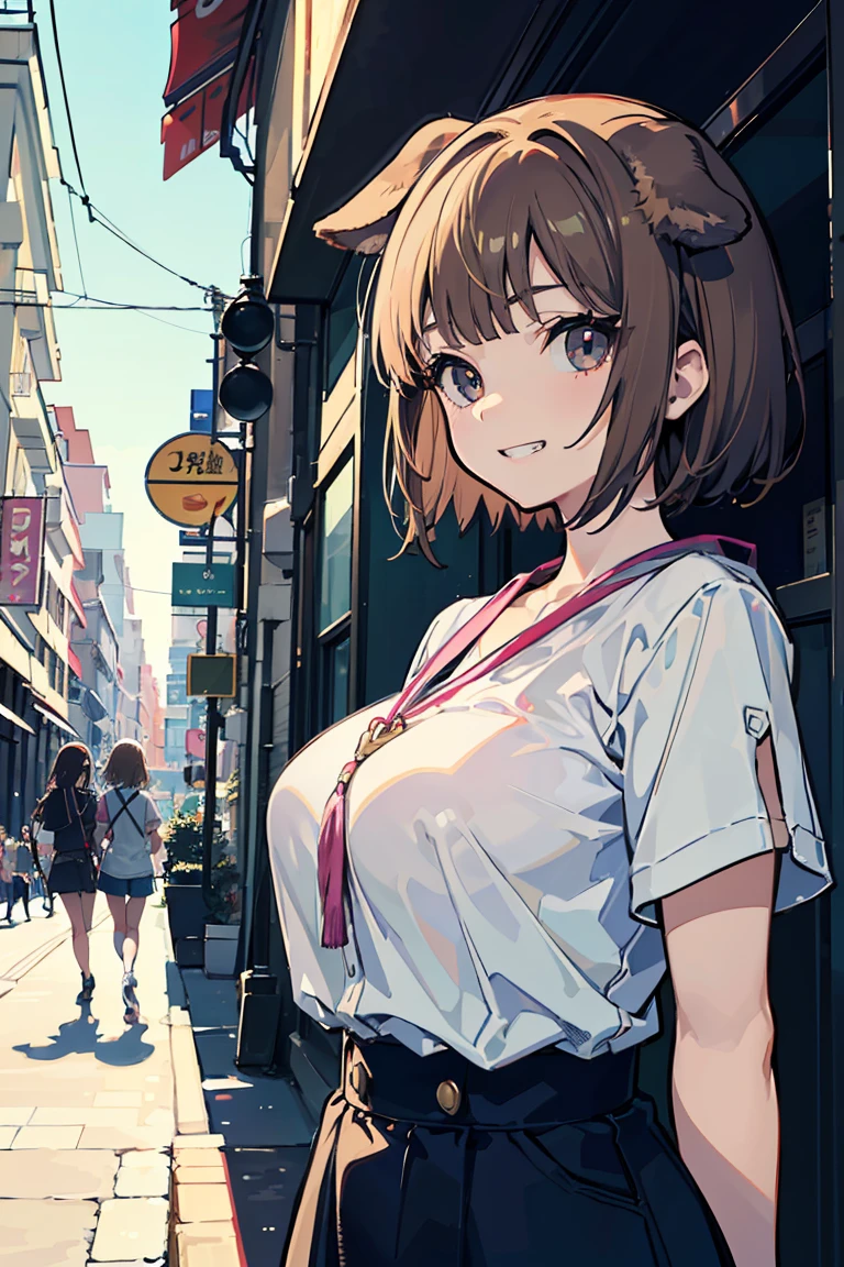 ((Two girls)), (Dog girl), (beast耳), (super high quality), masterpiece, wild, beast, (Light Brown Hair,Big round eyes), Casual Scene, Relaxed atmosphere, she wears fashionable clothes,sun&#39;s rays emit warm colors, Street atmosphere, urban environment. Perfect body, (E Cup:1.2), Troubled expression, Grin, Fresh, (Asymmetrical bangs:1.3),short hair, Highly detailed face and eyes, Young face, Digital Art, beautiful, Cinema Lighting, By Yusuke Murata.tonality, Romanticism, modern art, Impressionism, reflected light, 8k, masterpiece, Advanced Details, highest quality, Accurate anatomy